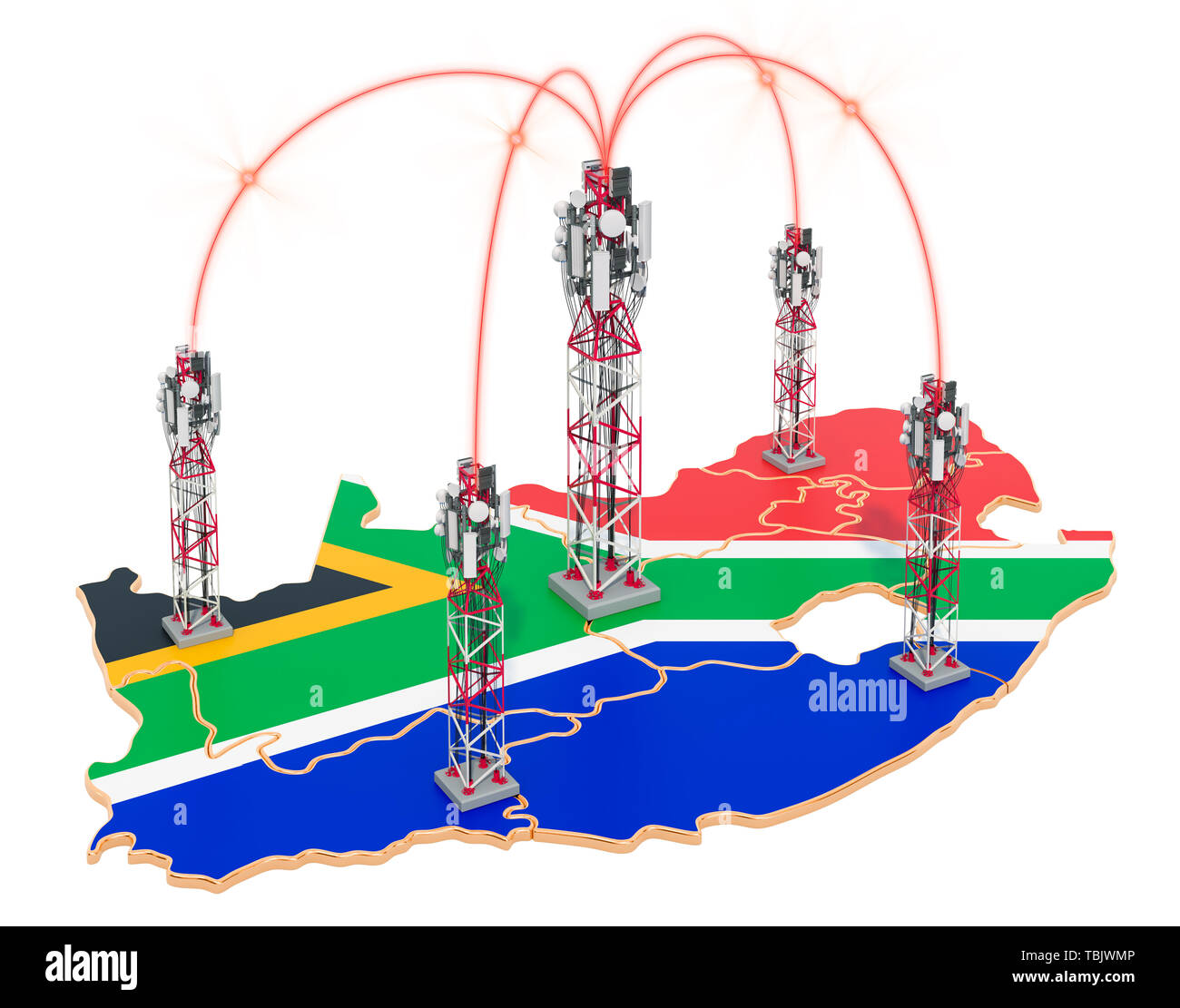 Comunicazioni mobili in Sud Africa, ripetitori sulla mappa. 3D rendering isolati su sfondo bianco Foto Stock