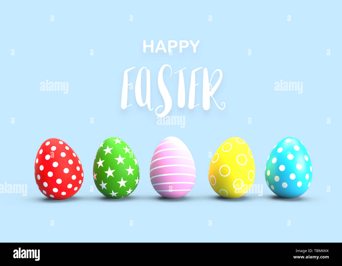 Verniciato colorato le uova di Pasqua con la calligrafia del testo in blu sullo sfondo del pavimento. Vacanza Festival e concetto. Stella di punto e linea pattern di fantasia arte. 3D i Foto Stock