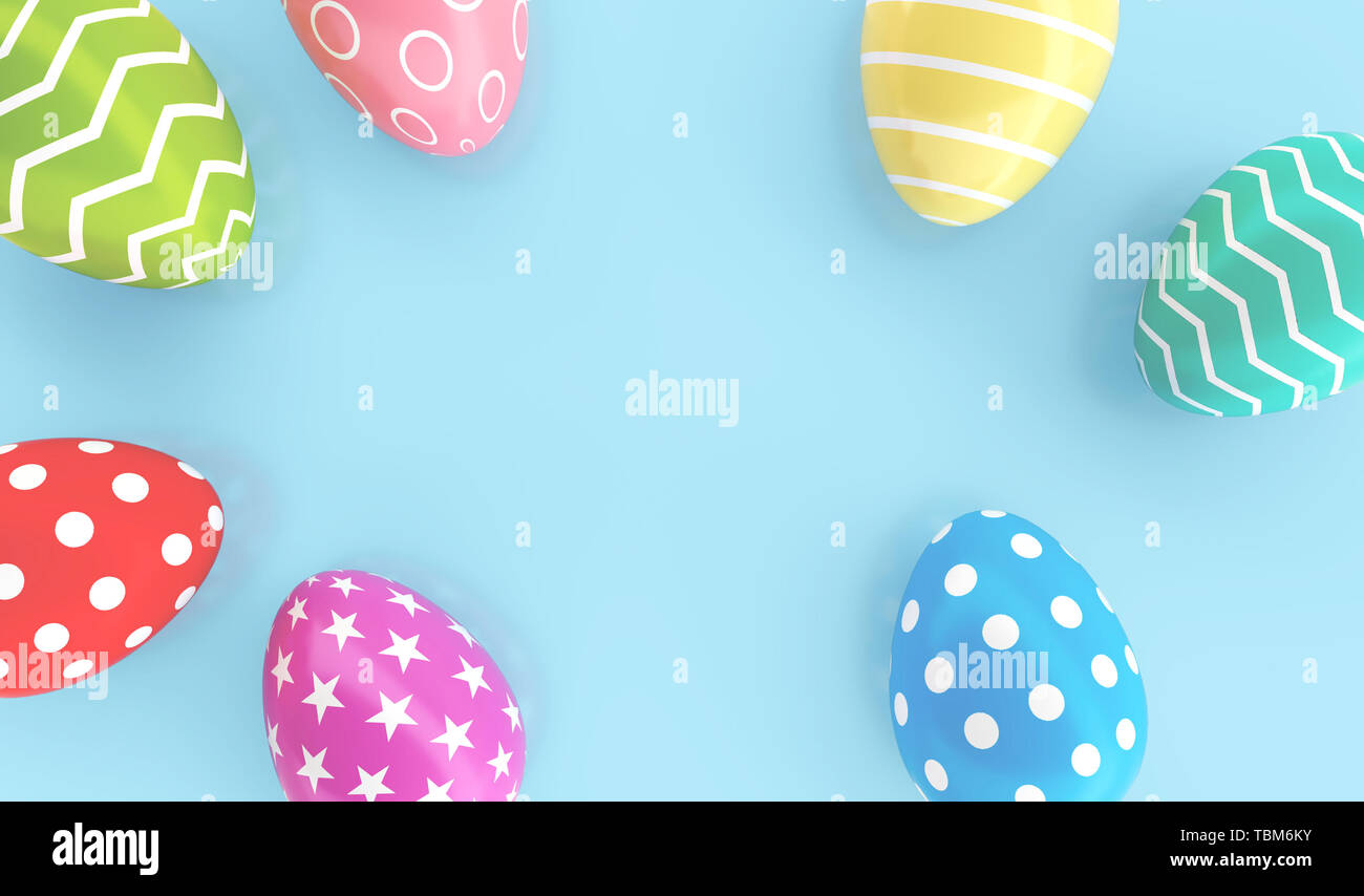 Vista superiore del dipinto colorate le uova di Pasqua su pavimenti blu sullo sfondo. Vacanza Festival e concetto. Stella di punto e linea pattern di fantasia arte. 3D illustratio Foto Stock