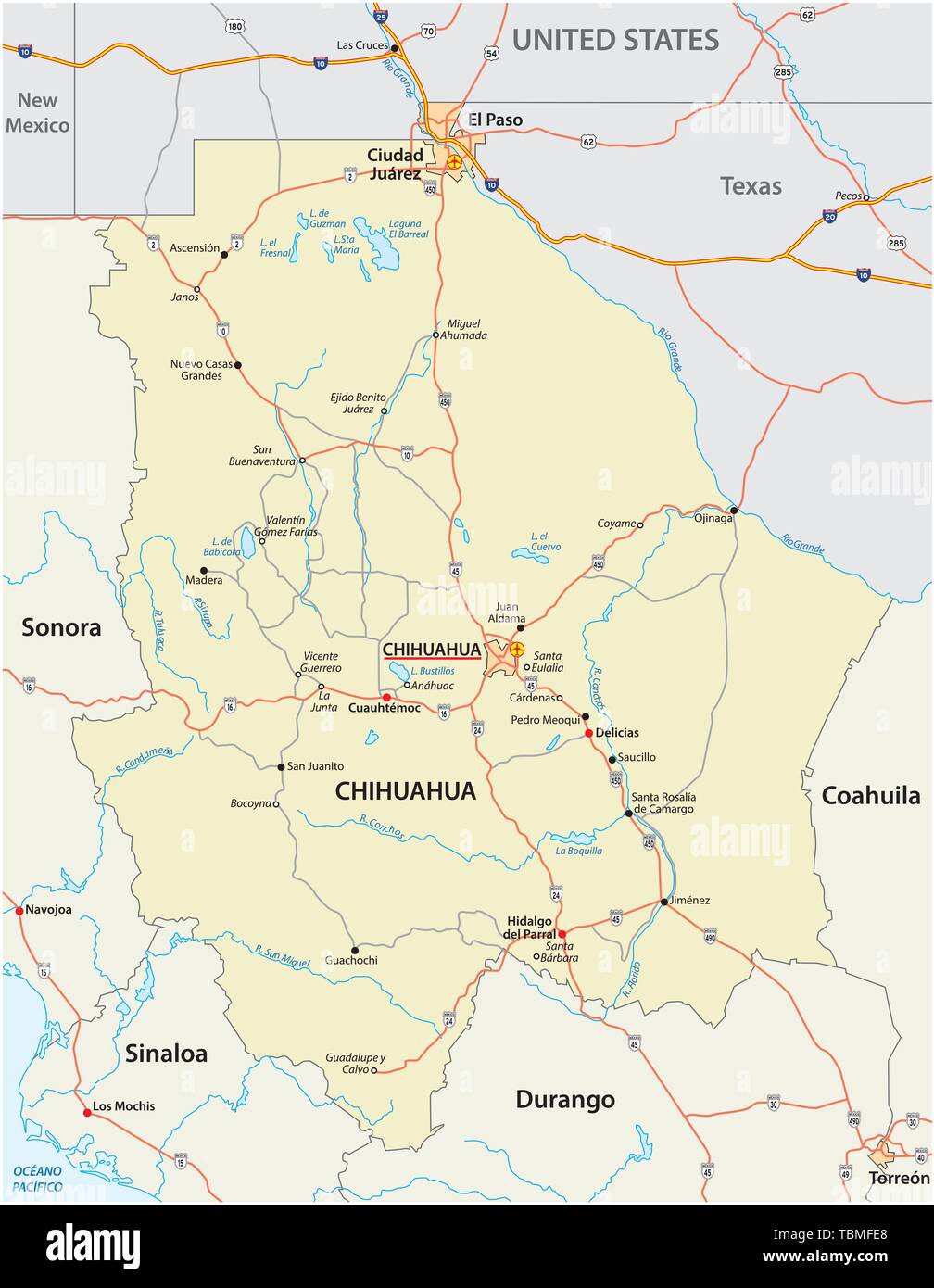Mappa stradale dello stato messicano di Chihuahua Illustrazione Vettoriale