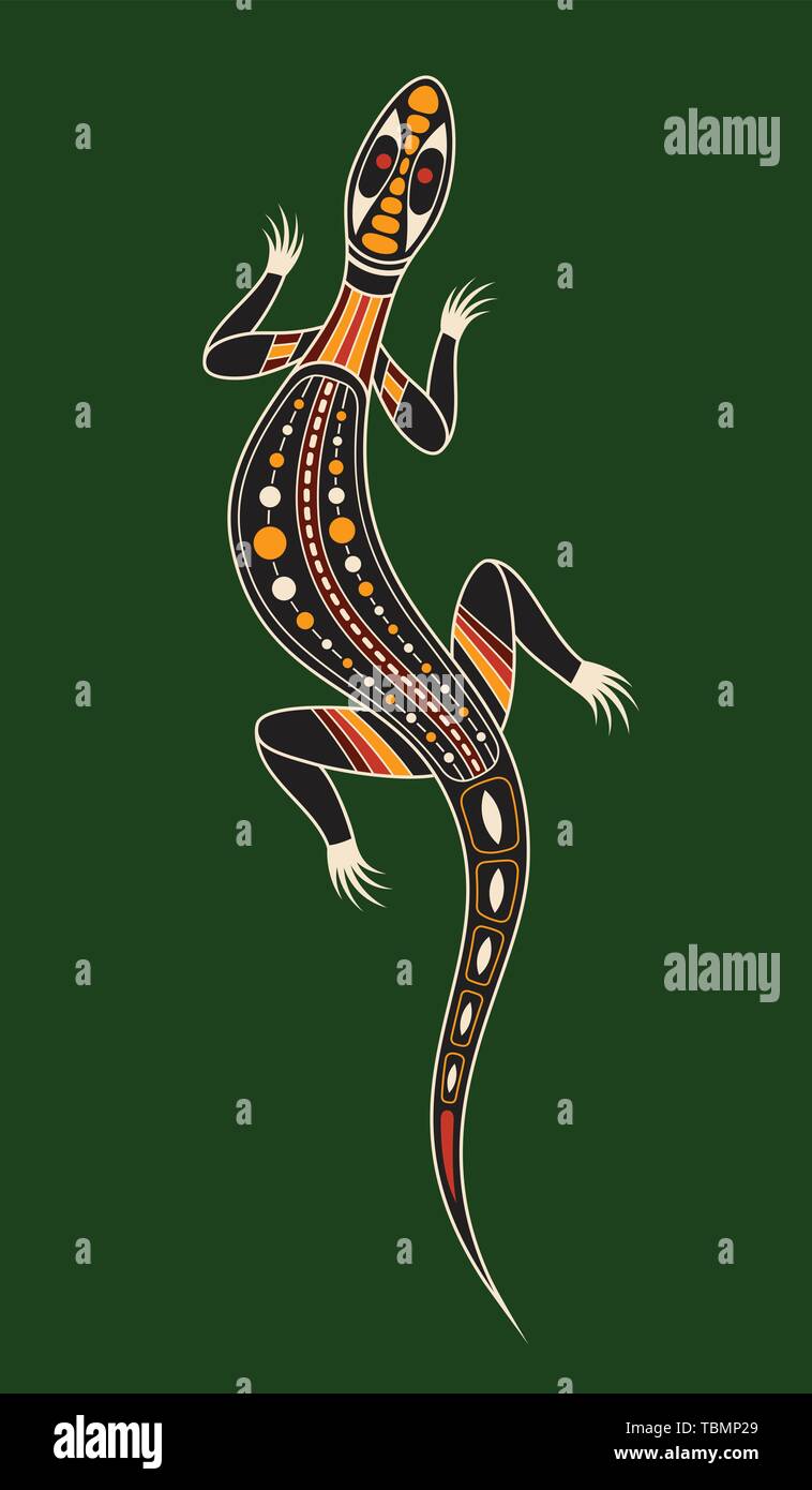 Lizard. Arte aborigena stile. Vettore Illustrazione a colori isolati su sfondo verde. Illustrazione Vettoriale
