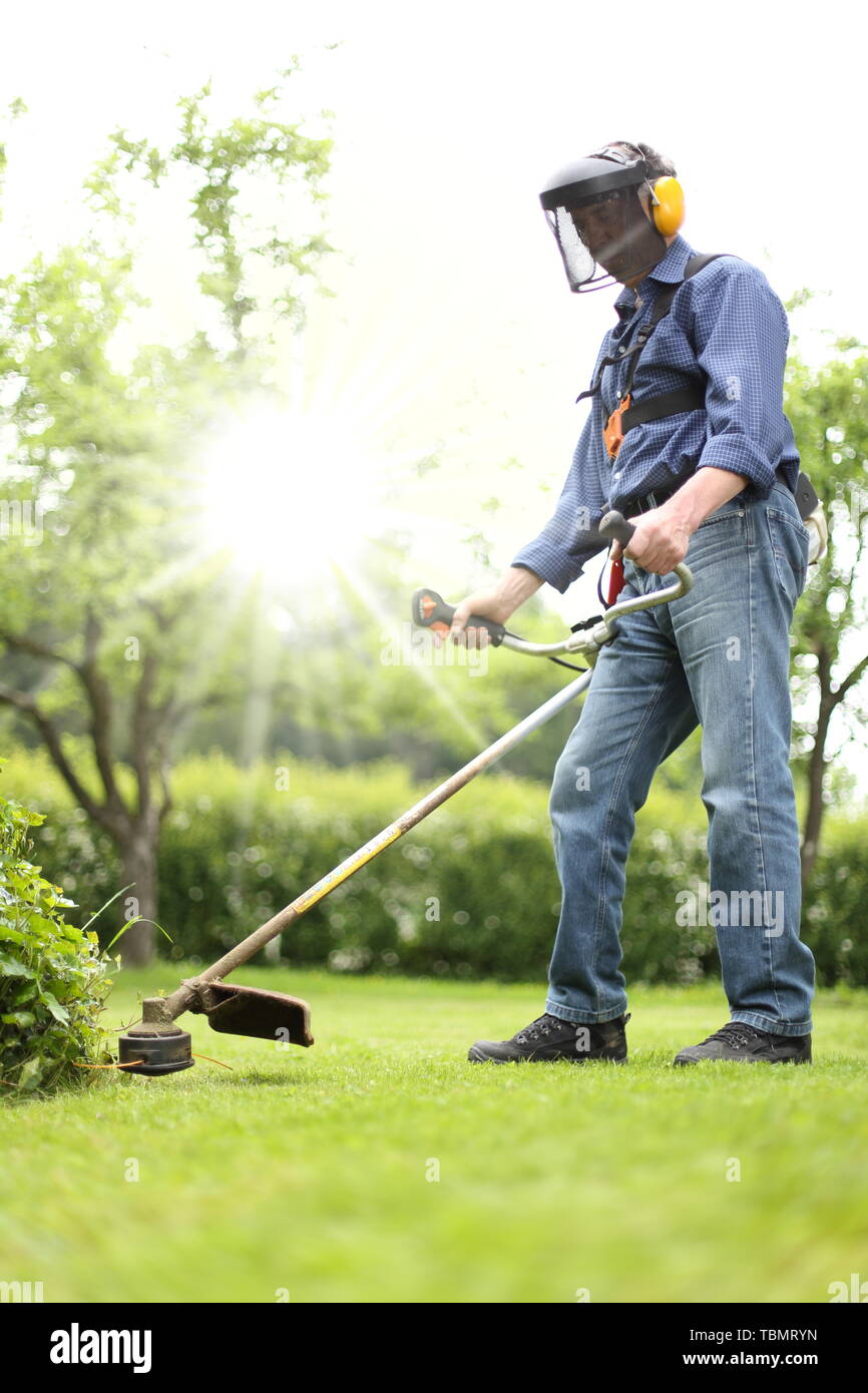 Un uomo che lavora con un Brushcutter nel suo giardino Foto Stock