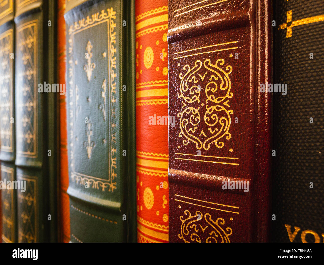 Nostalgico colorato, con texture, pelle libro rilegato spine goffrato con stampa in oro. Foto Stock