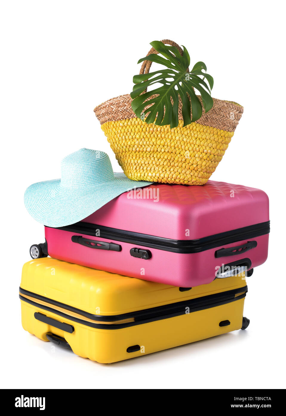 Pranzo valigie e borsa da spiaggia su sfondo bianco. Concetto di viaggio Foto Stock