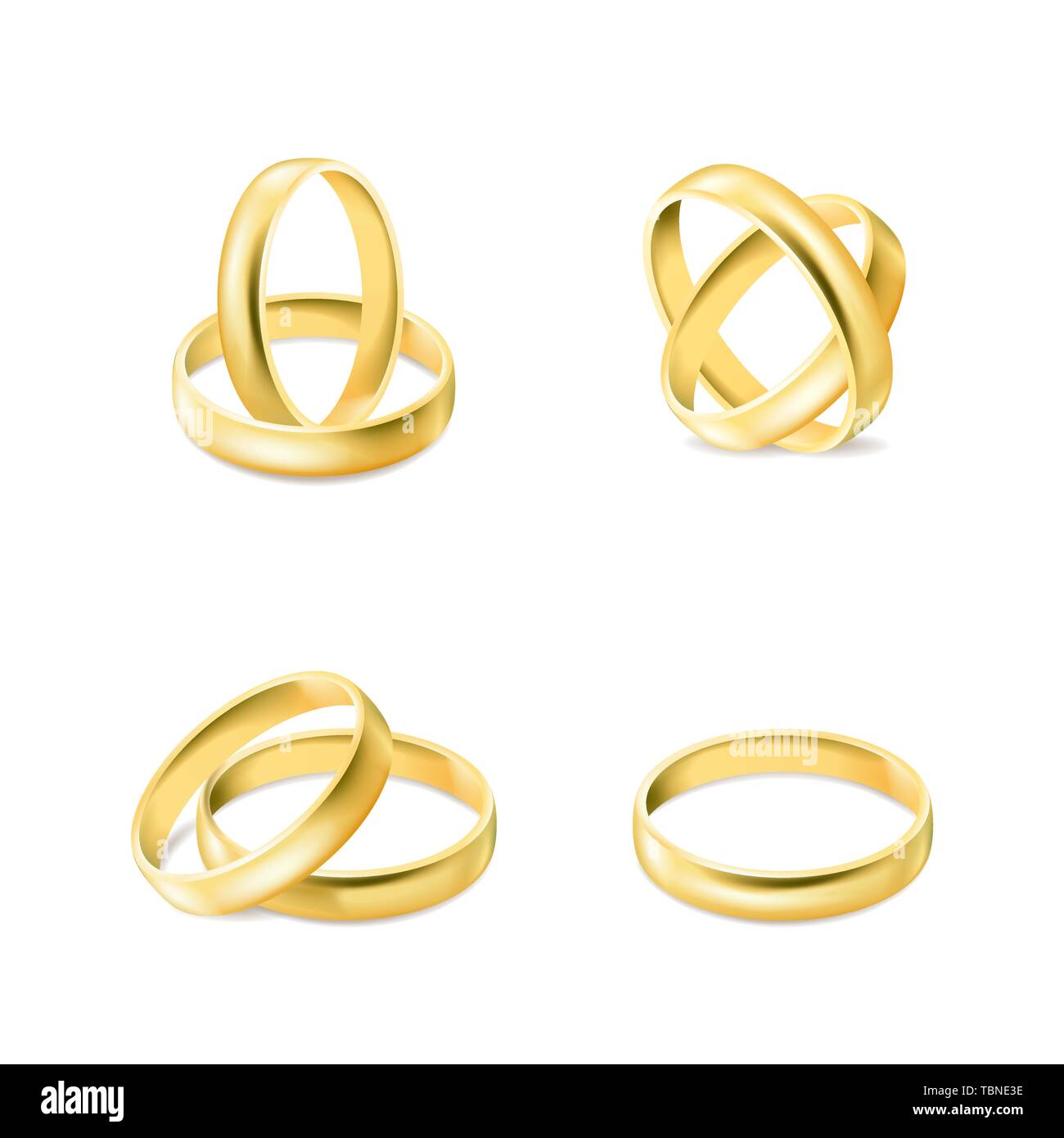 Set di oro gli anelli di fidanzamento isolati su sfondo bianco, vettore Illustrazione Vettoriale