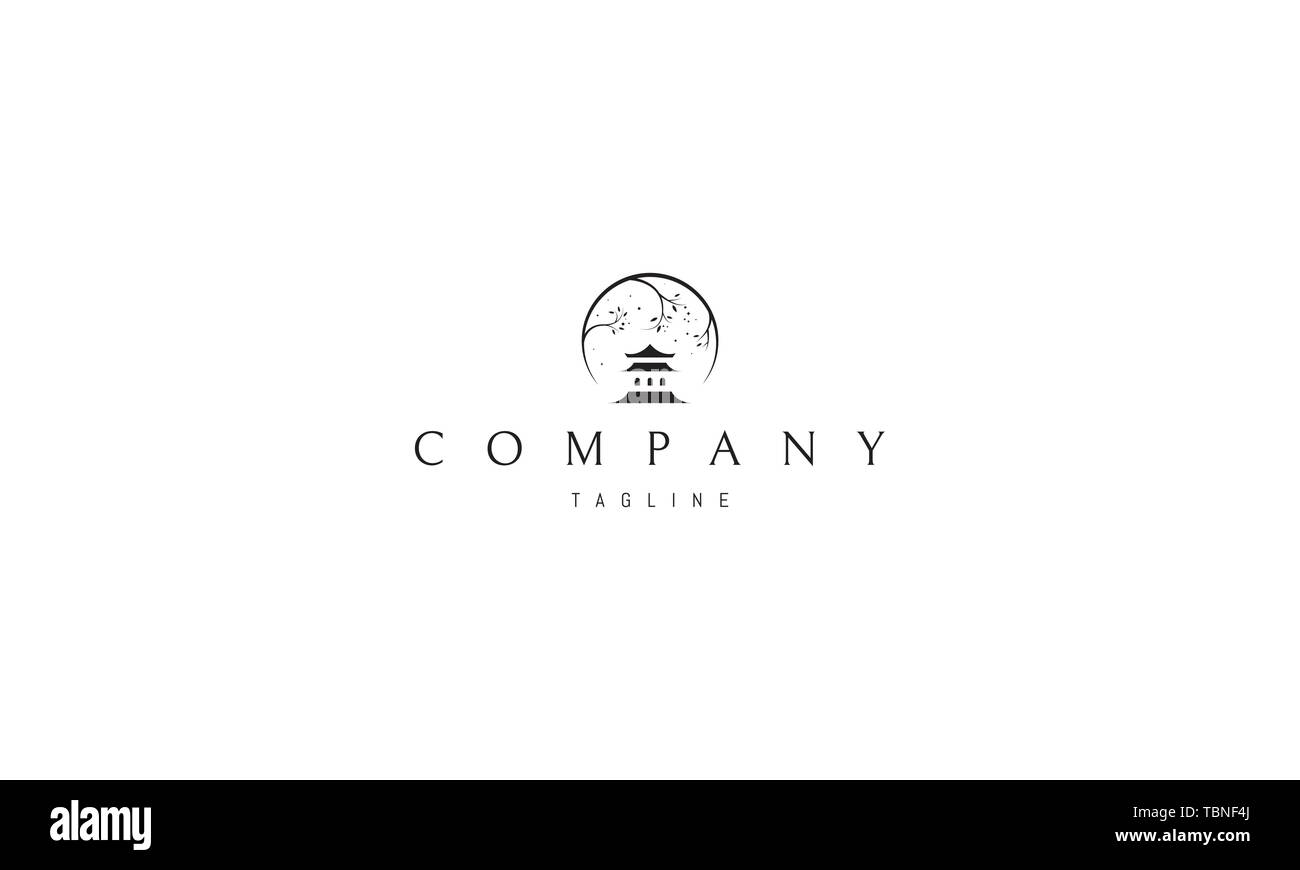 Sakura house astratta linea oro vector logo design Illustrazione Vettoriale