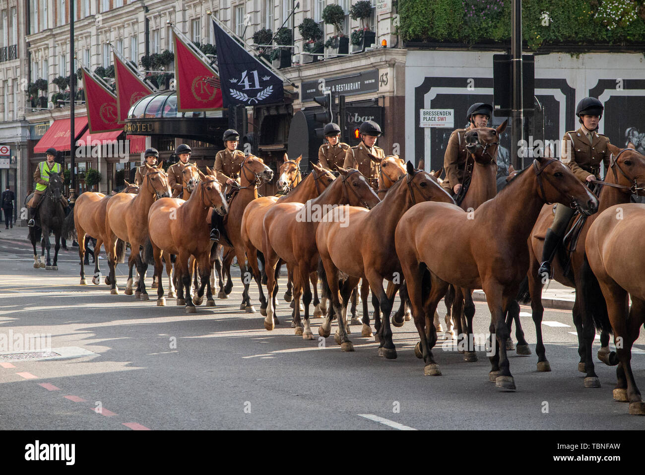 La famiglia reale trasferimento di cavalleria smontato i cavalli per il maneggio lungo Buckingham Palace Road nel centro di Londra Foto Stock