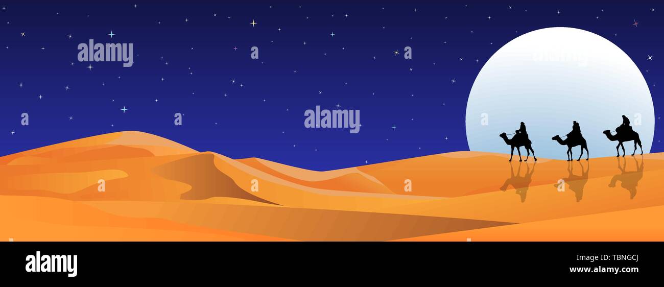 Piloti su cammelli sullo sfondo della notte il cielo stellato. Notte di Luna. Deserto Sabbioso. Illustrazione Vettoriale