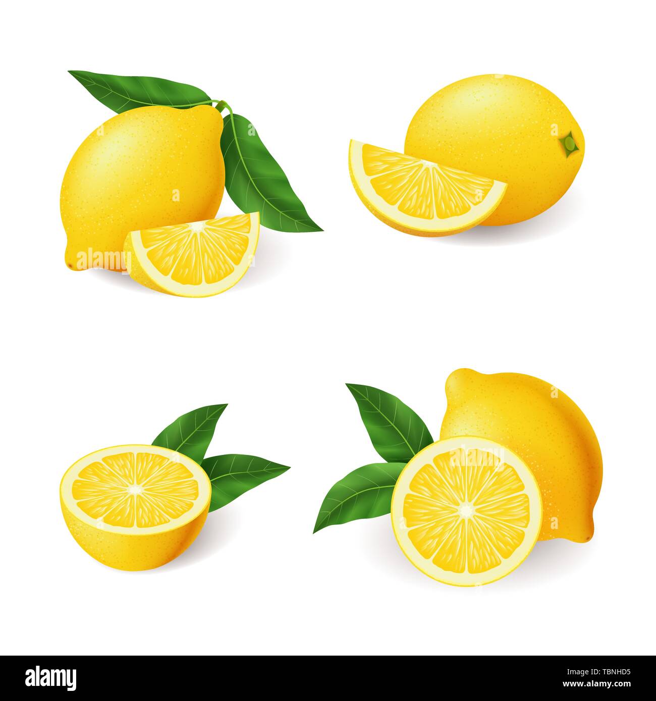 Realistico luminoso giallo limone con verdi a foglie intere e set a fette Illustrazione Vettoriale