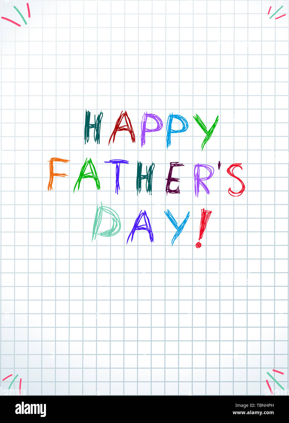 Felice giorno padri tipografia su notebook a scacchi o foglio di carta grafica di sfondo, matite colorate di scritte, ragazzi mano preventivo scritto per il messaggio di saluto Foto Stock