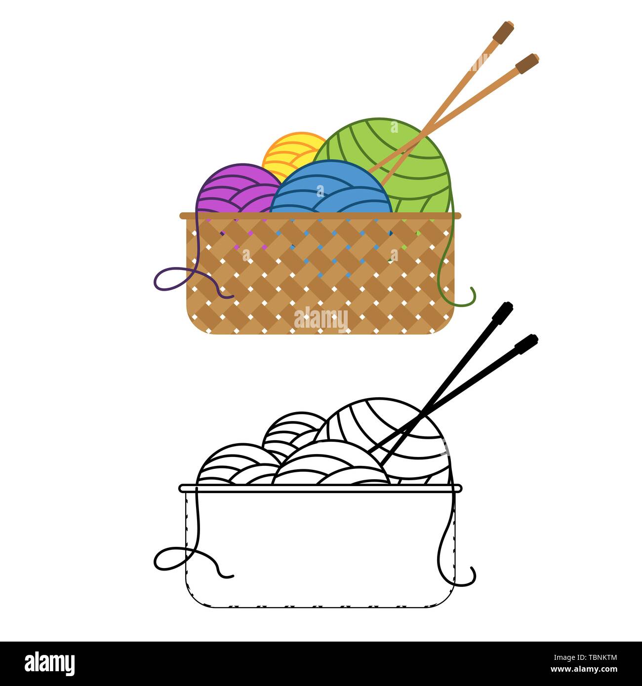 Sfere multicolore di filato giacciono in una ciotola con aghi di tessitura. Illustrazione Vettoriale Illustrazione Vettoriale