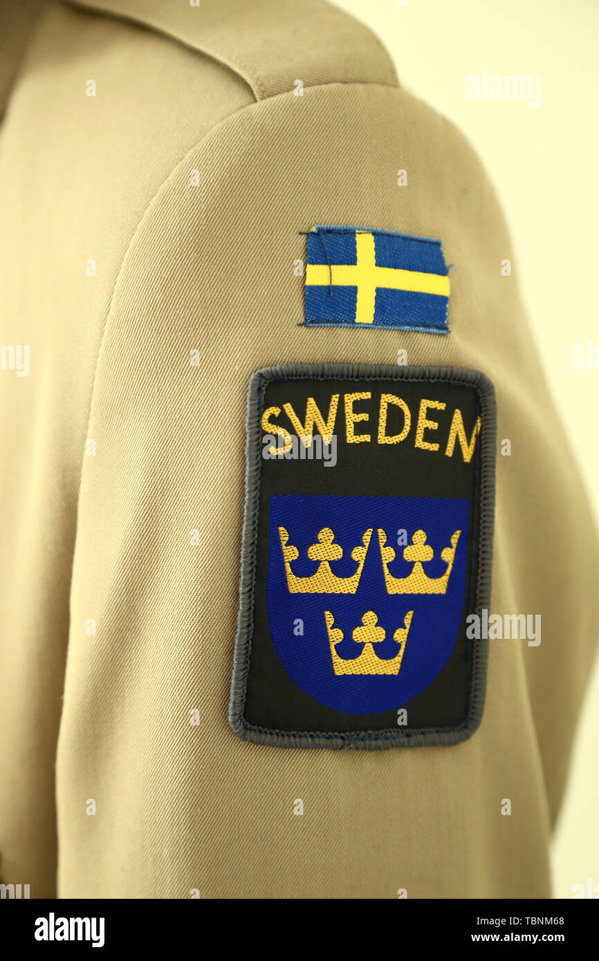 20170603 KARLSBORG Gammal FN-uniforme på utställning i Karlsborg som visar bla utrustning FN. Foto Jeppe Gustafsson Foto Stock