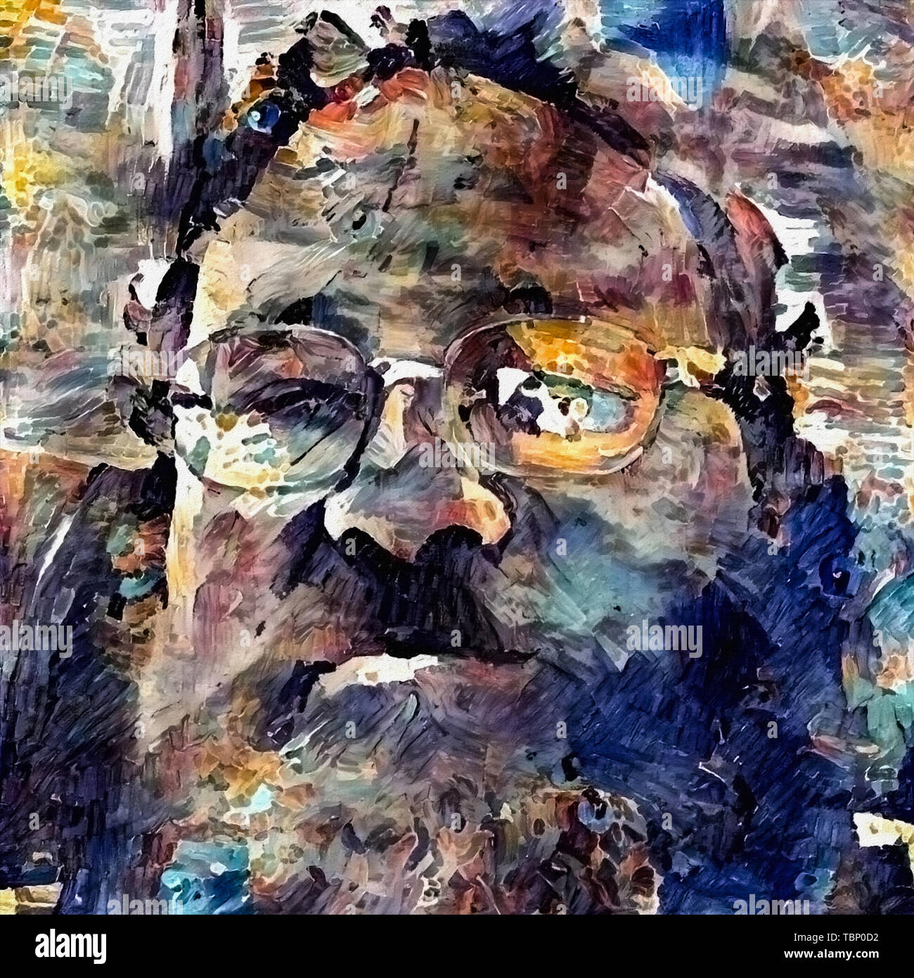 Moderna pittura astratta. Ritratto di Uomo con occhiali e barba Foto Stock