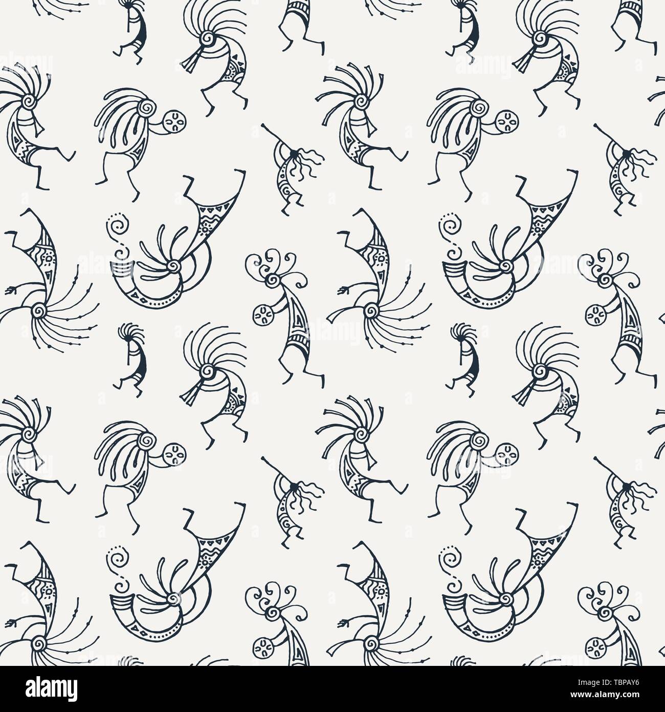 Disegnata a mano Kokopelli pattern senza giunture Illustrazione Vettoriale