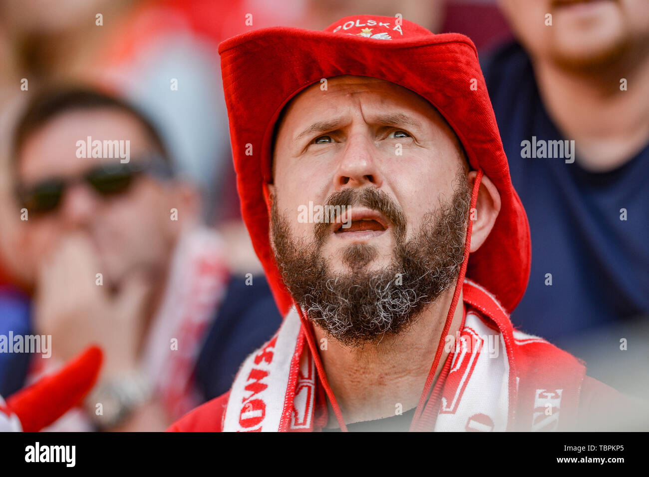 Gdynia, Polonia. 02Giugno, 2019. Un sostenitore polacco visto durante il FIFA U-20 World Cup match tra Polonia e Italia (round di 16) a Gdynia. (Punteggio finale; Italia 1:0 Polonia ) Credito: SOPA Immagini limitata/Alamy Live News Foto Stock