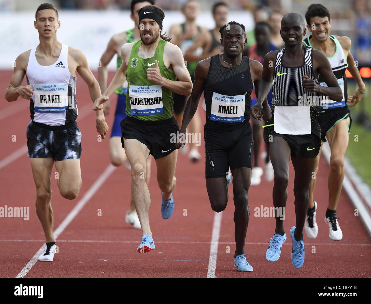 Praga, Repubblica Ceca. 03 Giugno, 2019. (L-R) Sam Prakel e Ben Blankenship USA, Isacco Kimeli del Belgio e Hillary Ngetich del Kenya competere a Uomini 1500m eseguito durante il Josef Odlozil Memorial athletic si incontrano a Praga Repubblica Ceca, Giugno 3, 2019. Credito: Michal Kamaryt/CTK foto/Alamy Live News Foto Stock