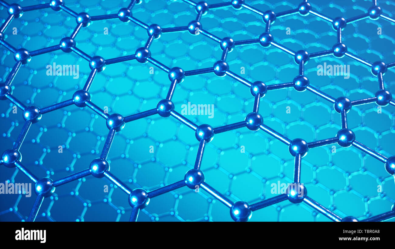 3d illustrazione struttura del grafene o superficie di carbonio, abstract nanotecnologie esagonale forma geometrica di close-up, concetto atomico grafene Foto Stock