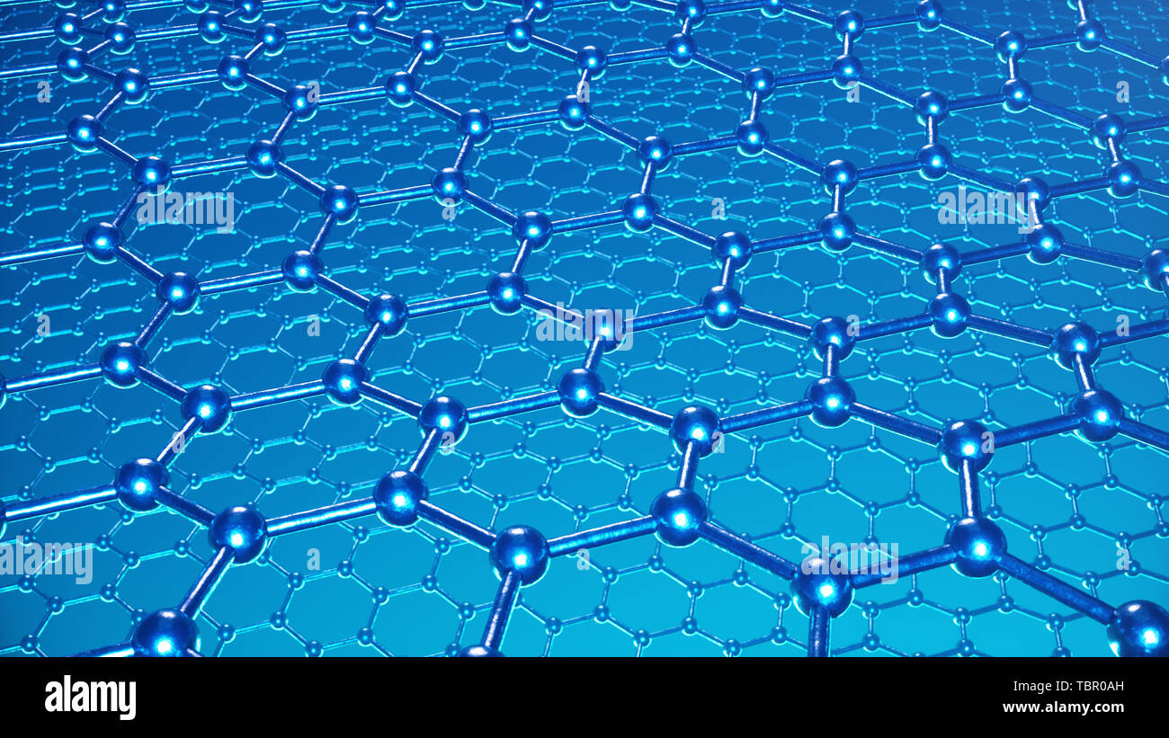 3d illustrazione struttura del grafene o superficie di carbonio, abstract nanotecnologie esagonale forma geometrica di close-up, concetto atomico grafene Foto Stock