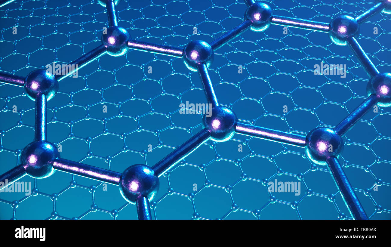 3d illustrazione struttura del grafene o superficie di carbonio, abstract nanotecnologie esagonale forma geometrica di close-up, concetto atomico grafene Foto Stock