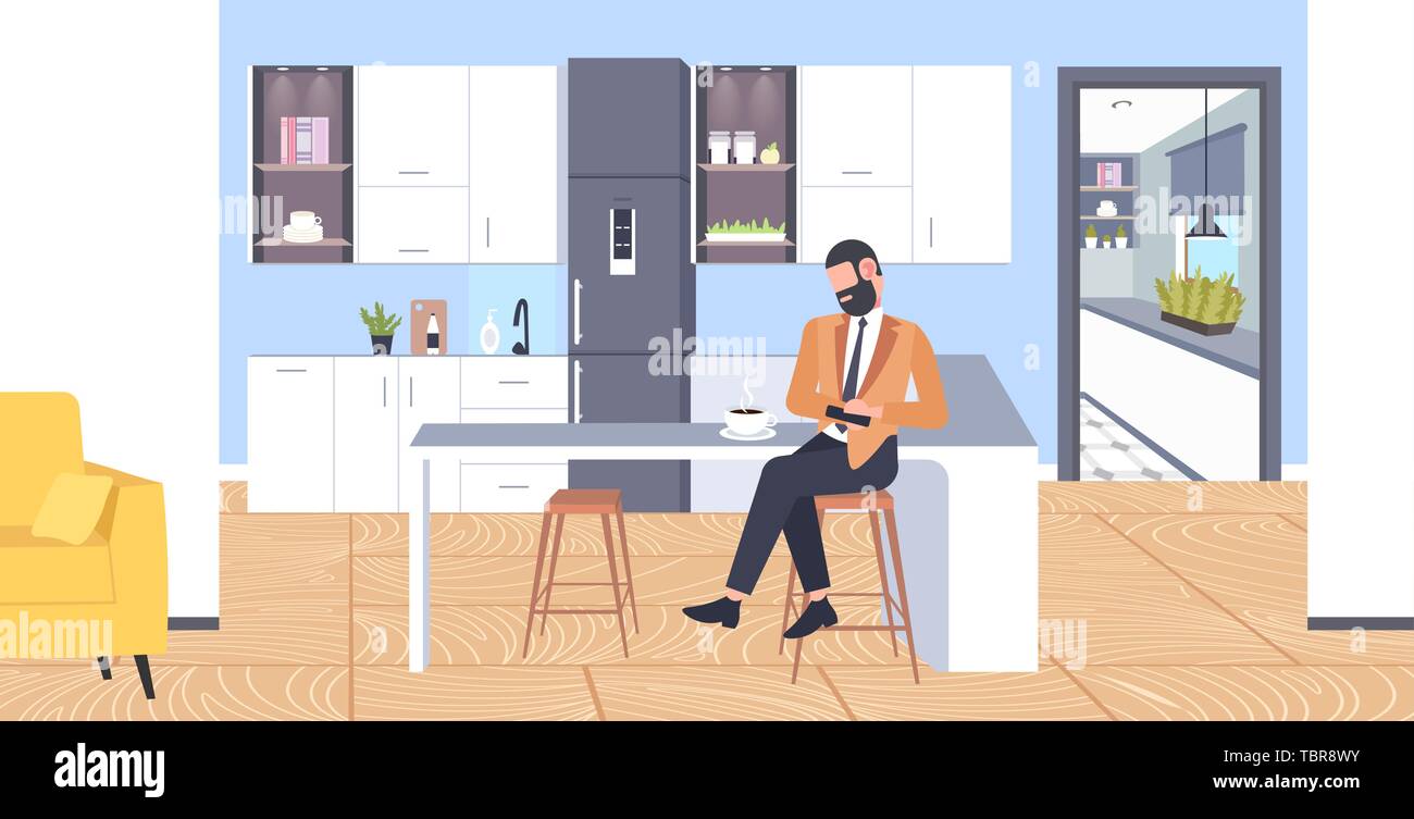 Imprenditore seduta a contrastare l'uomo utilizza lo smartphone mobile app concetto di comunicazione moderni caffè punto cucina piana interna piena lunghezza orizzontale Illustrazione Vettoriale