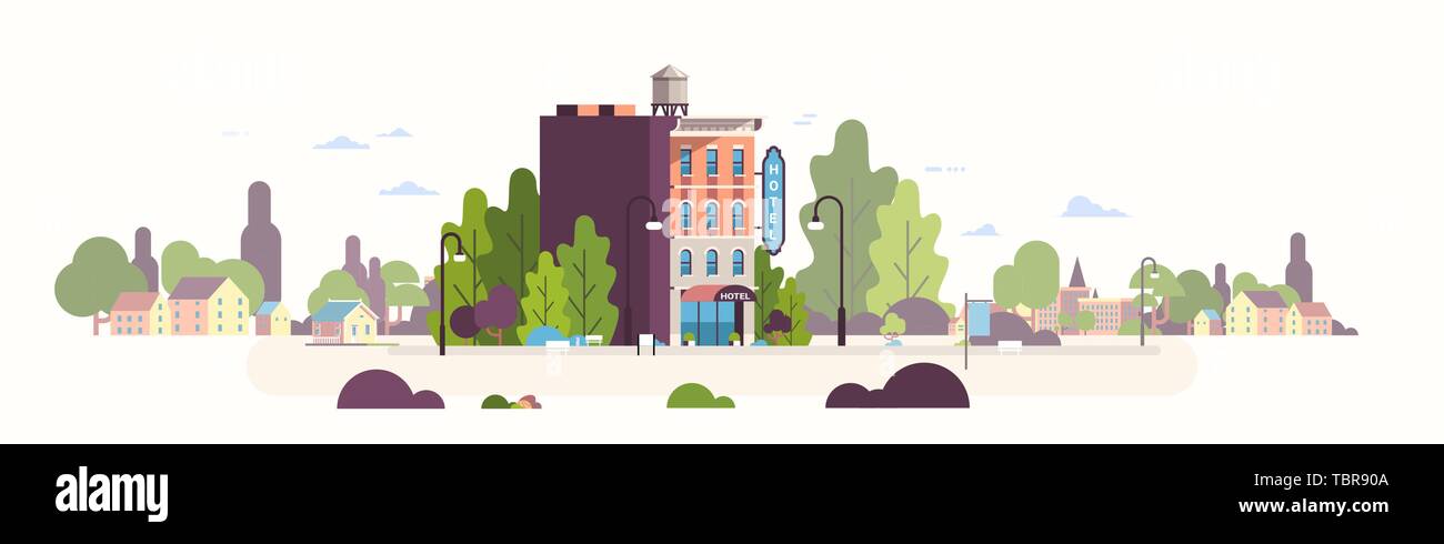 Hotel moderno esterno della casa ostello edificio per business facade paesaggio cityscape sfondo piatto banner orizzontale Illustrazione Vettoriale