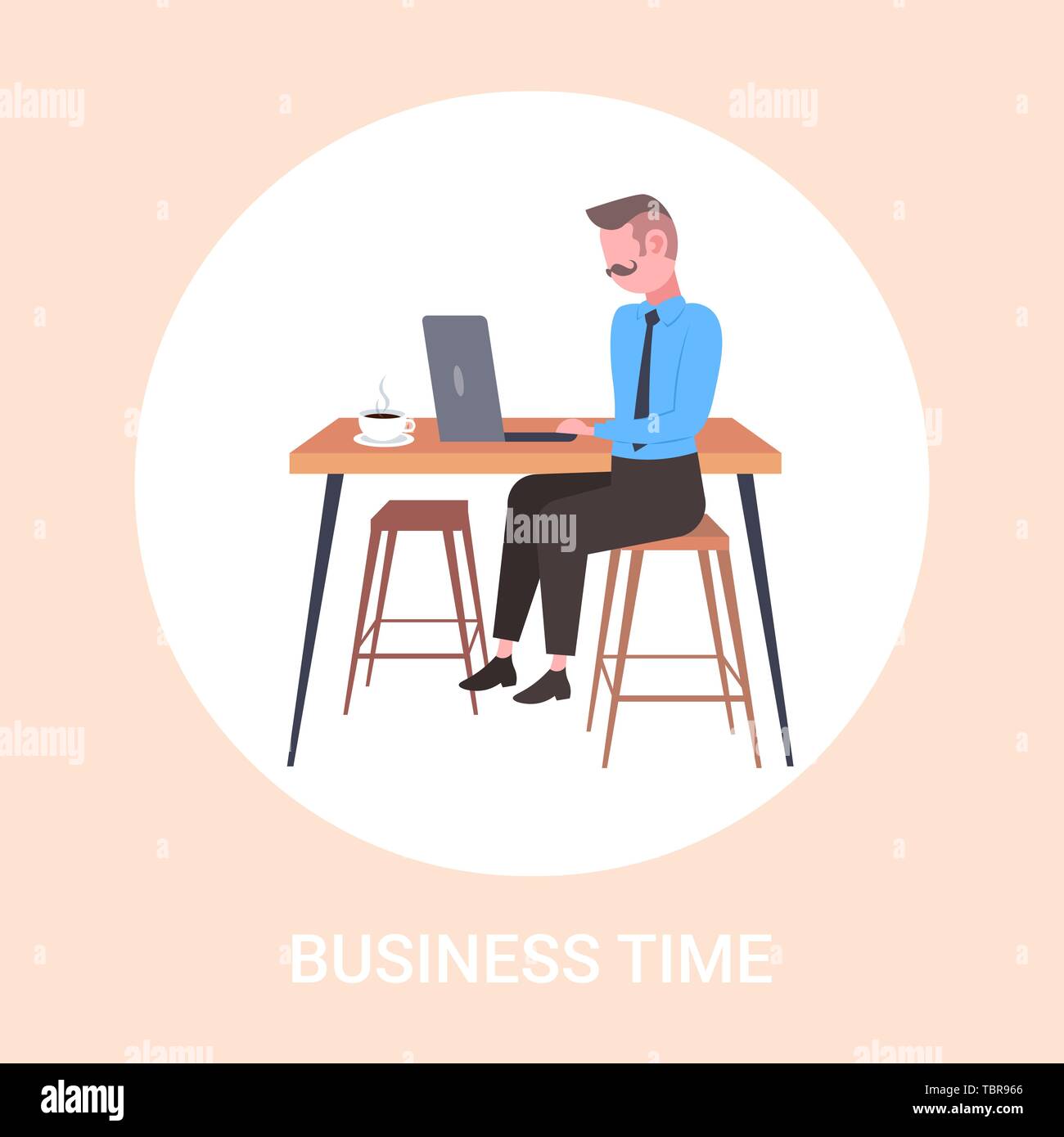 Imprenditore seduto alla scrivania sul posto di lavoro business man utilizzando notebook Processo di lavoro concept flat a piena lunghezza Illustrazione Vettoriale