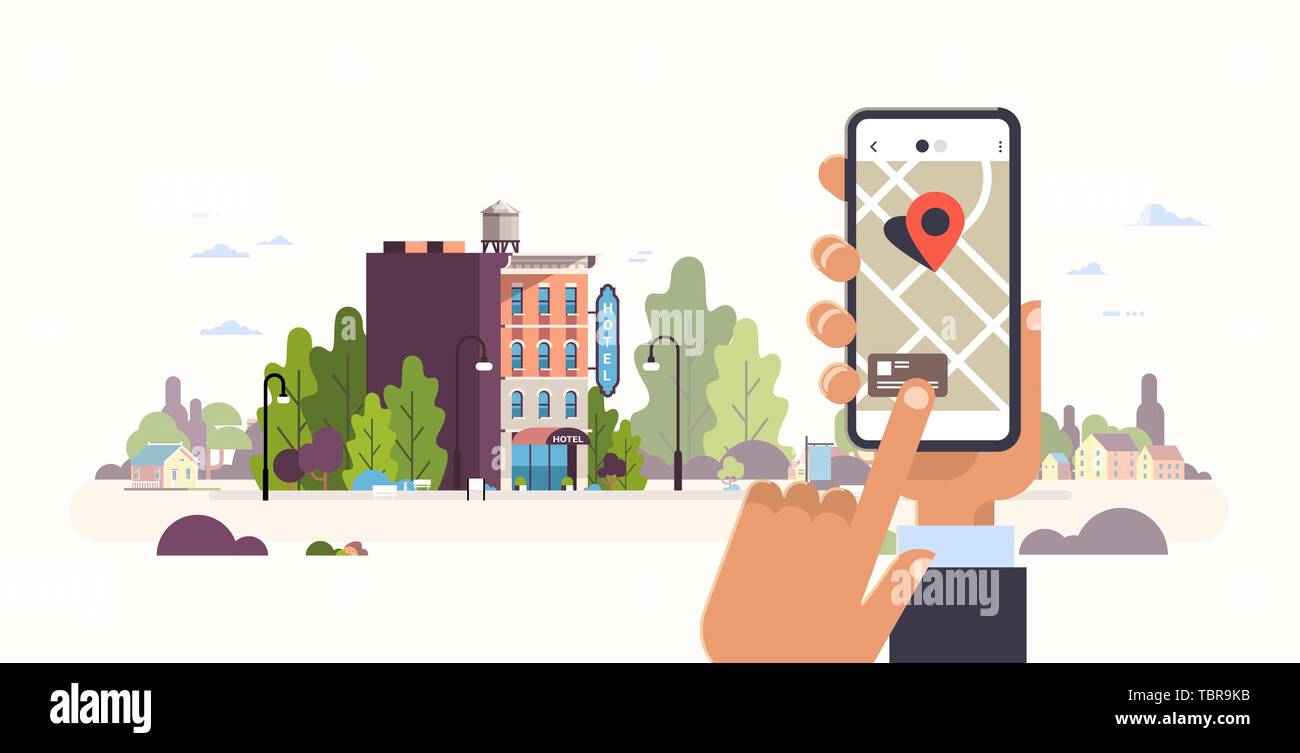 Mano azienda smartphone prenotazione hotel concetto hostel edificio esterno mobile app ricerca gps punto sulla mappa della città cityscape sfondo orizzontale piana Illustrazione Vettoriale