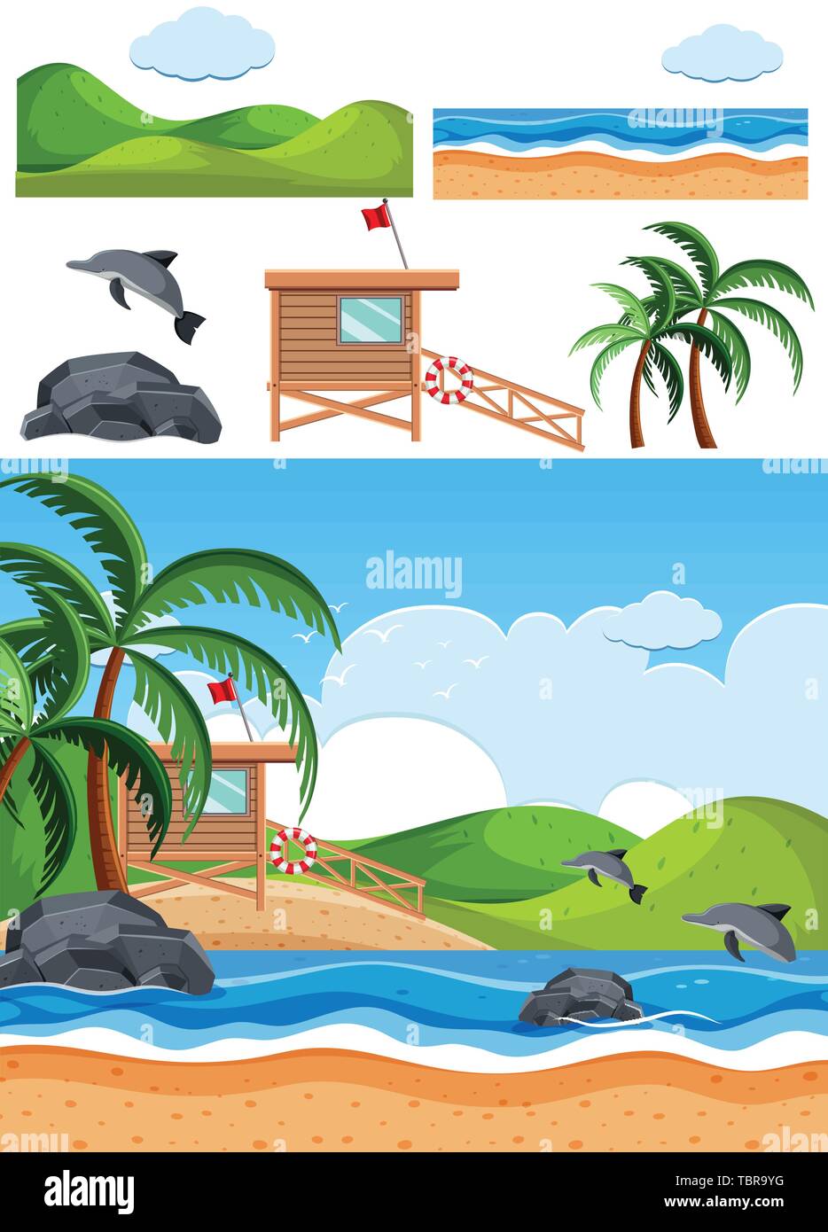 Set di spiaggia scene illustrazione Illustrazione Vettoriale