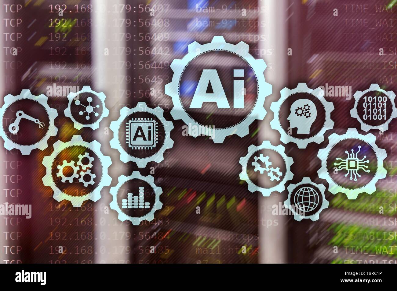 Intelligenza artificiale hi-tech tecnologie business concetto. Futuristica sala server sfondo. AI Foto Stock
