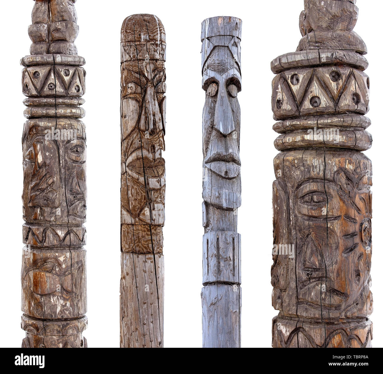 Set di Kamchatka Aboriginal totem pole su bianco Foto Stock