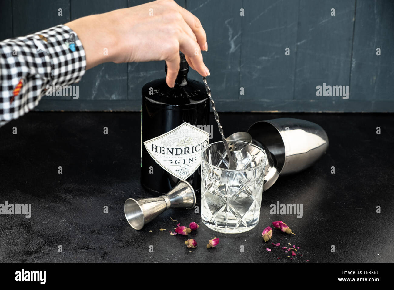 70 cl bottiglia Hendricks gin distillato con vetro e ghiaccio sul rustico scuro dello sfondo. I laici accanto allo Shaker e malenikie le rose rosa. Foto Stock