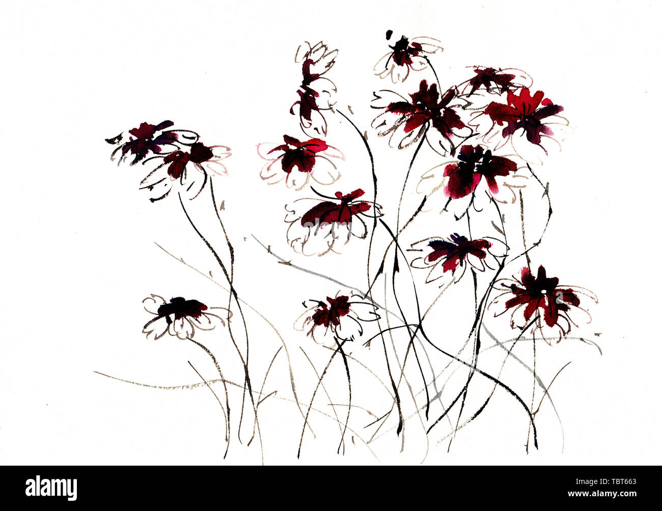 Fiore di colore normale dipinte a mano e acquerello Cinese Pittura inchiostro in bouquet pianta fiore piccolo vento Foto Stock