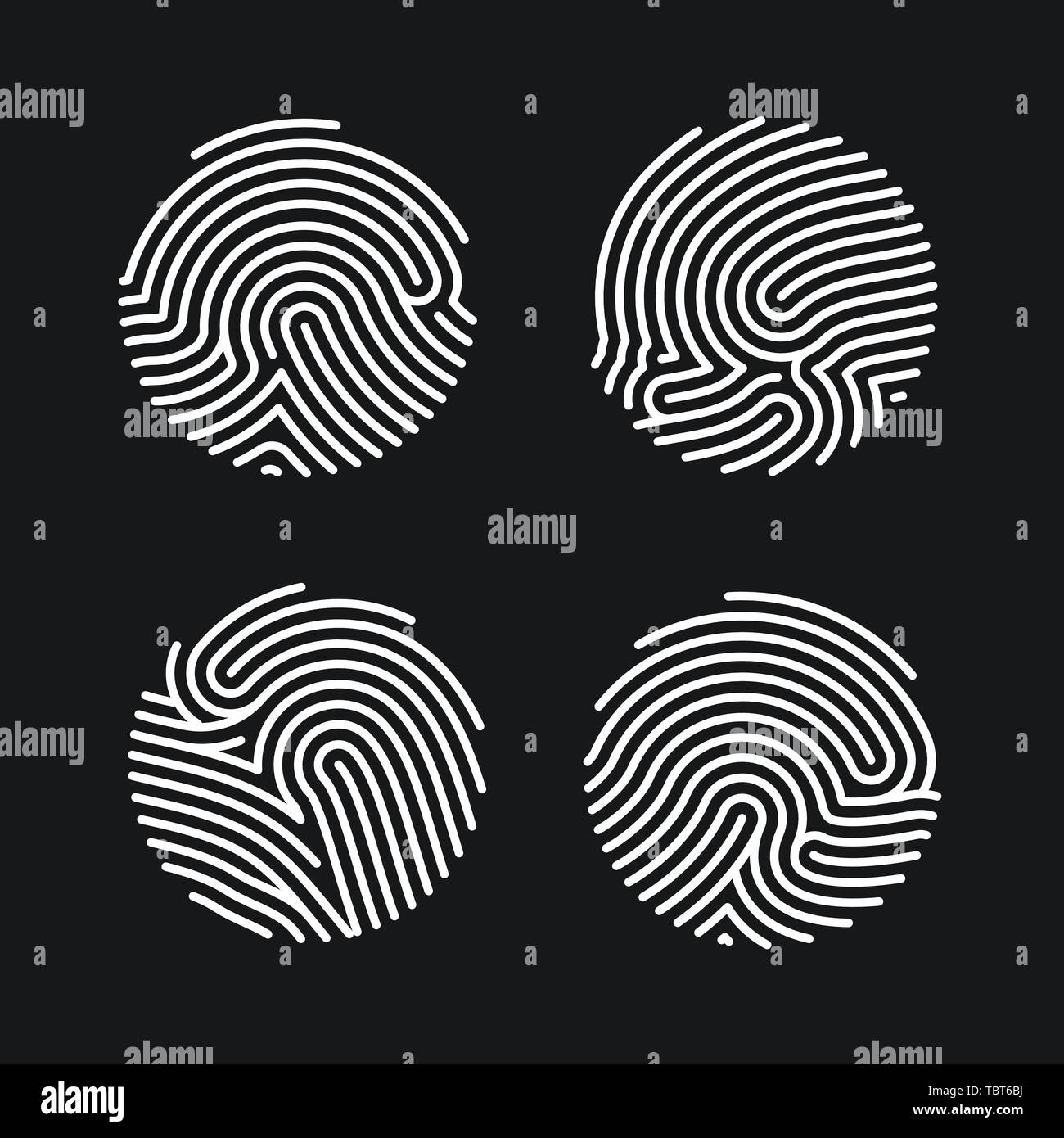 Set di cerchio le icone di impronte digitali design per l'applicazione. Id personale per l'autorizzazione. Finger Print scansione piana. Illustrazione di vettore isolato su nero b Illustrazione Vettoriale