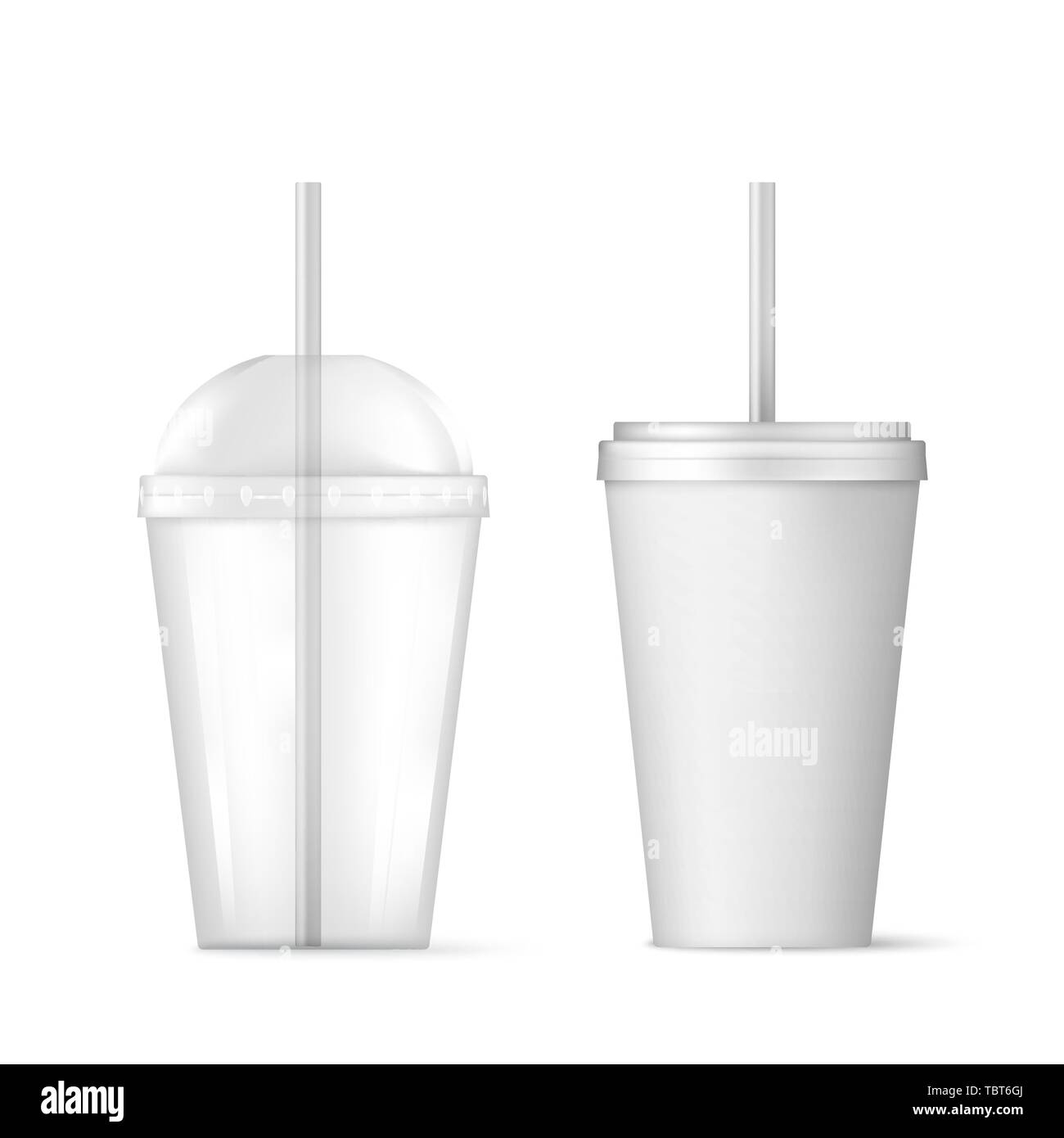 Trasparente in plastica tazza monouso con paglia per cocktail e contenitore monouso per bevande ghiacciate. Illustrazione di vettore isolato su sfondo bianco Illustrazione Vettoriale