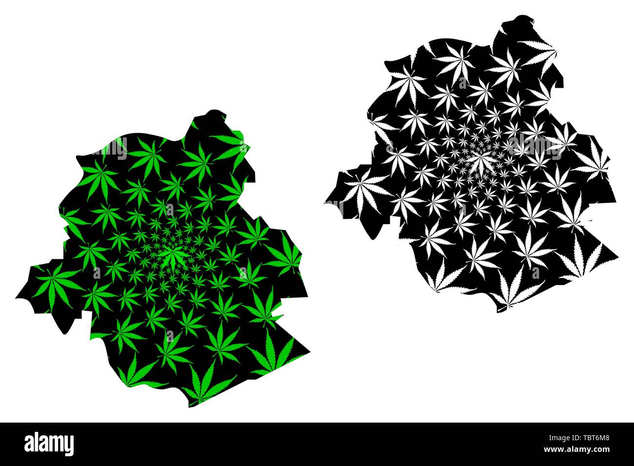 Bruxelles (comunitario e della regione del Belgio, il Regno del Belgio) mappa è progettato Cannabis leaf verde e nero, Regione di Bruxelles-Capitale mappa fatta di mari Illustrazione Vettoriale