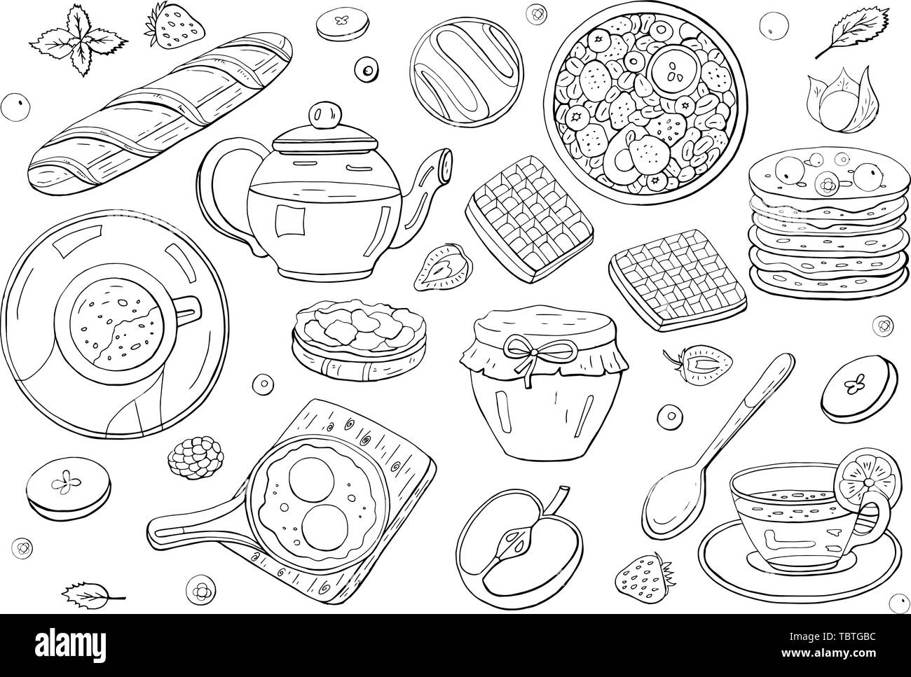 In bianco e nero a mano elementi disegnati per colazione isolati su sfondo bianco. La colazione del mattino gli elementi Illustrazione Vettoriale