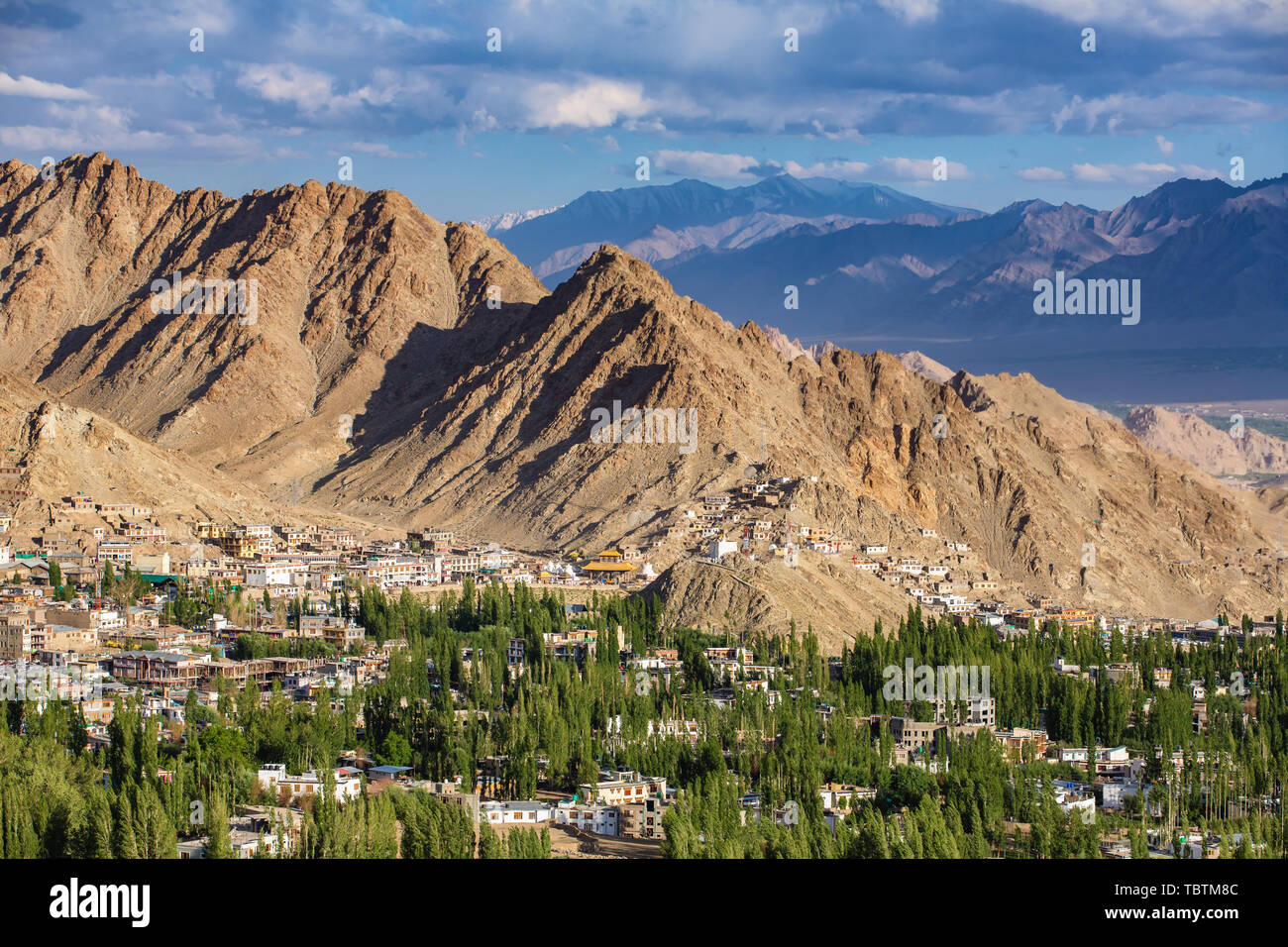 Bellissima vista della città di Leh e verde valle di Indus, Ladakh, India. Foto Stock