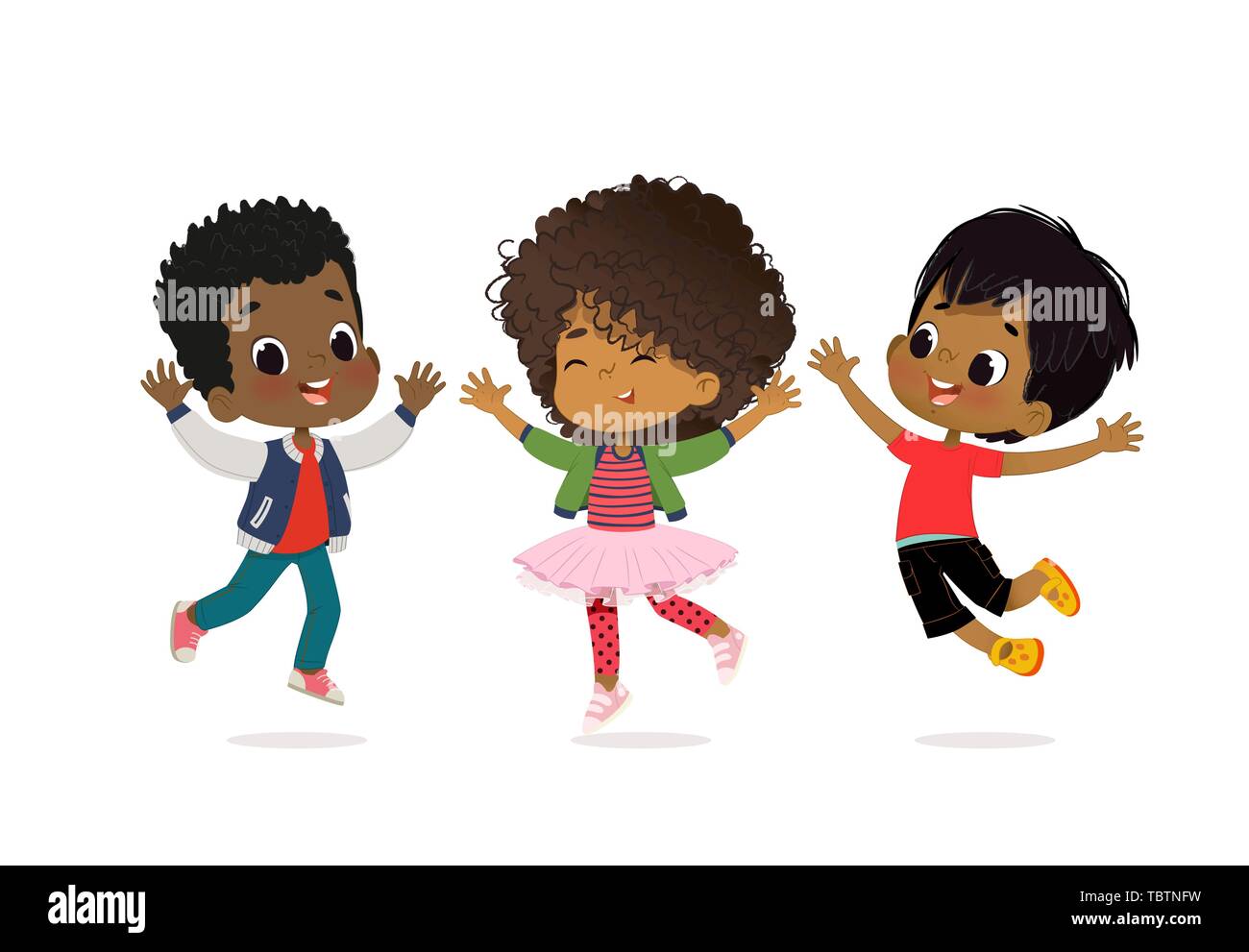 African American ragazzi e ragazze stanno giocando insieme felicemente. Bambini a giocare all'erba. I bambini si tengono per mano e saltare. Il concetto è divertente e Illustrazione Vettoriale