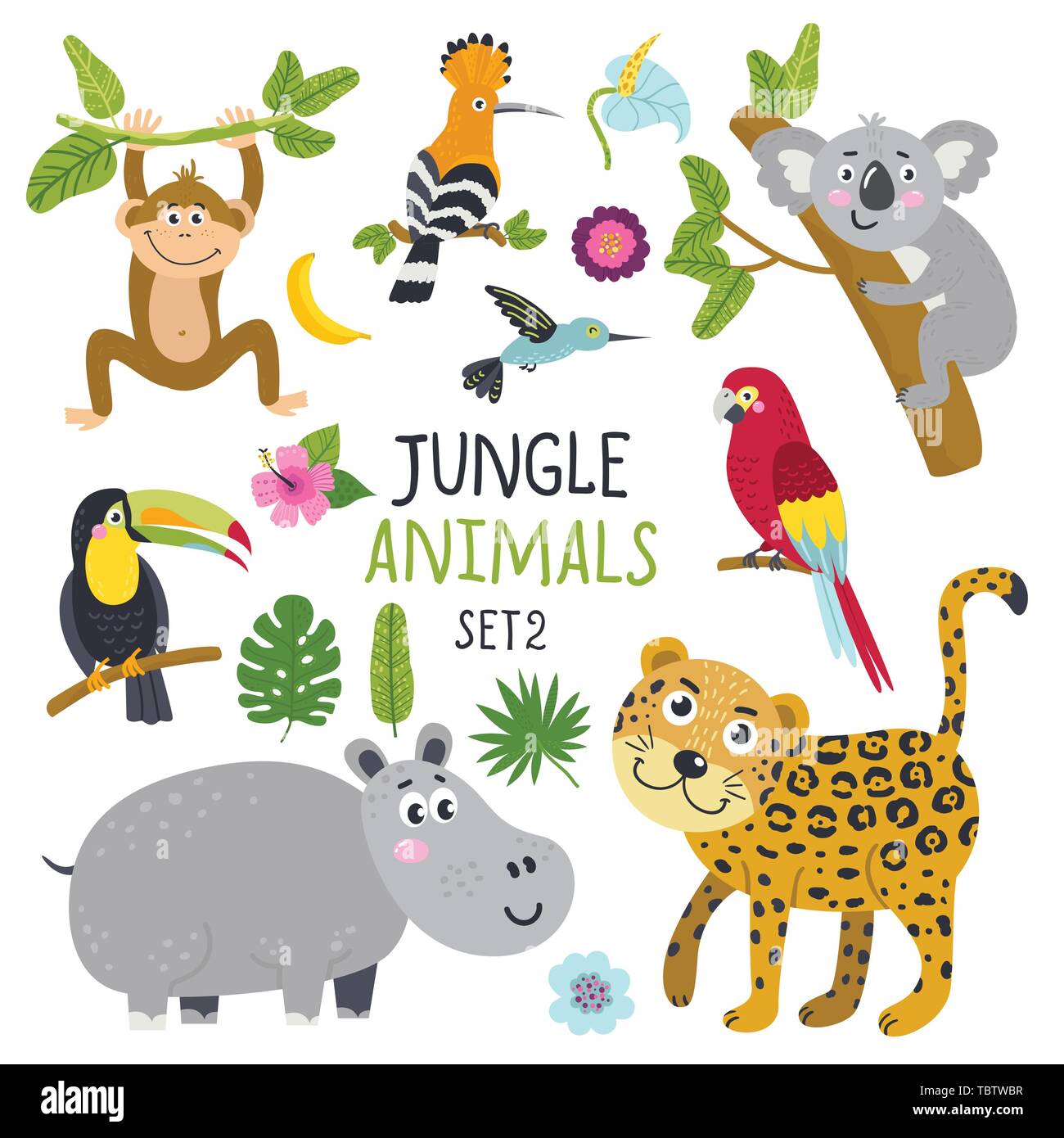 Set di vettore di simpatici animali da giungla e piante. Illustrazione Vettoriale