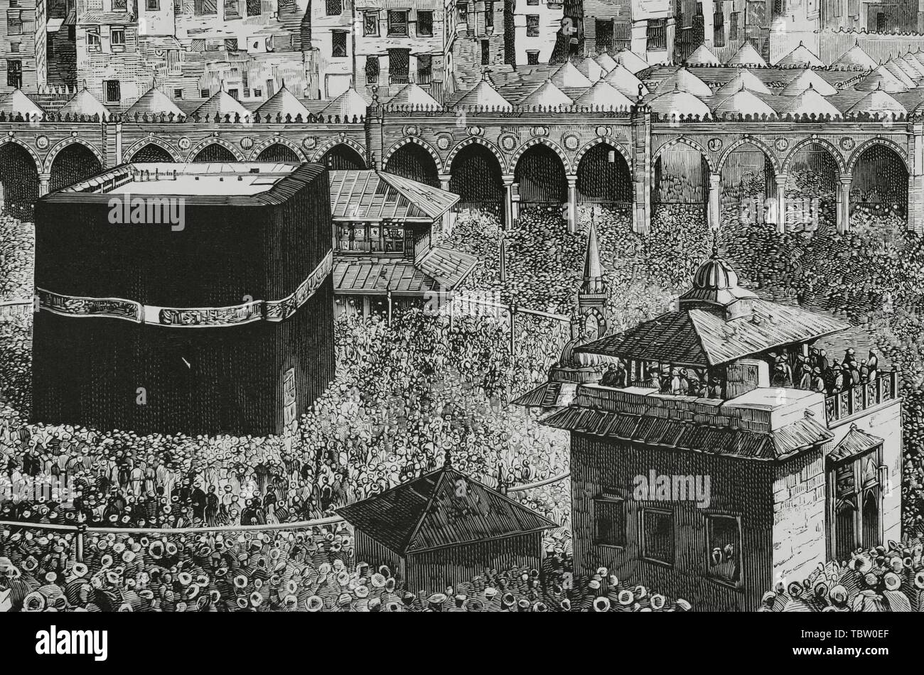 Arabia Saudí. La Meca. Vista del patio central de la Mezquita Masjid al-Haram, donde se encuentra la Kaaba, que alberga la "piedra negra". Grabado de la Ilustración Española y Americana, 15 de abril de 1882. Detalle. Foto Stock