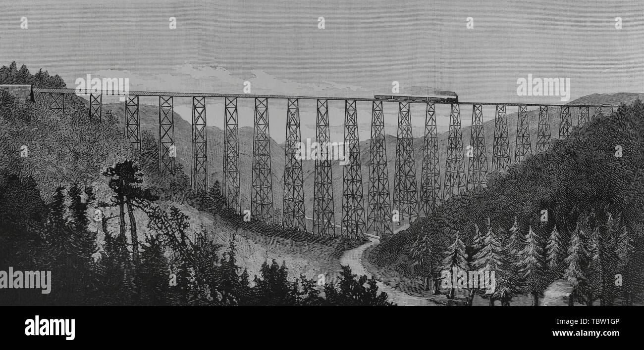 EE. UU. Alton, Estado de Pensilvania. Viaducto de Kinzua. Puente ferroviario de hierro forjado construido en 1882. Ferrocarril de Búffalo un Pittsburgo. Grabado. La Ilustración Española y americana, 9 de junio de 1882. Foto Stock