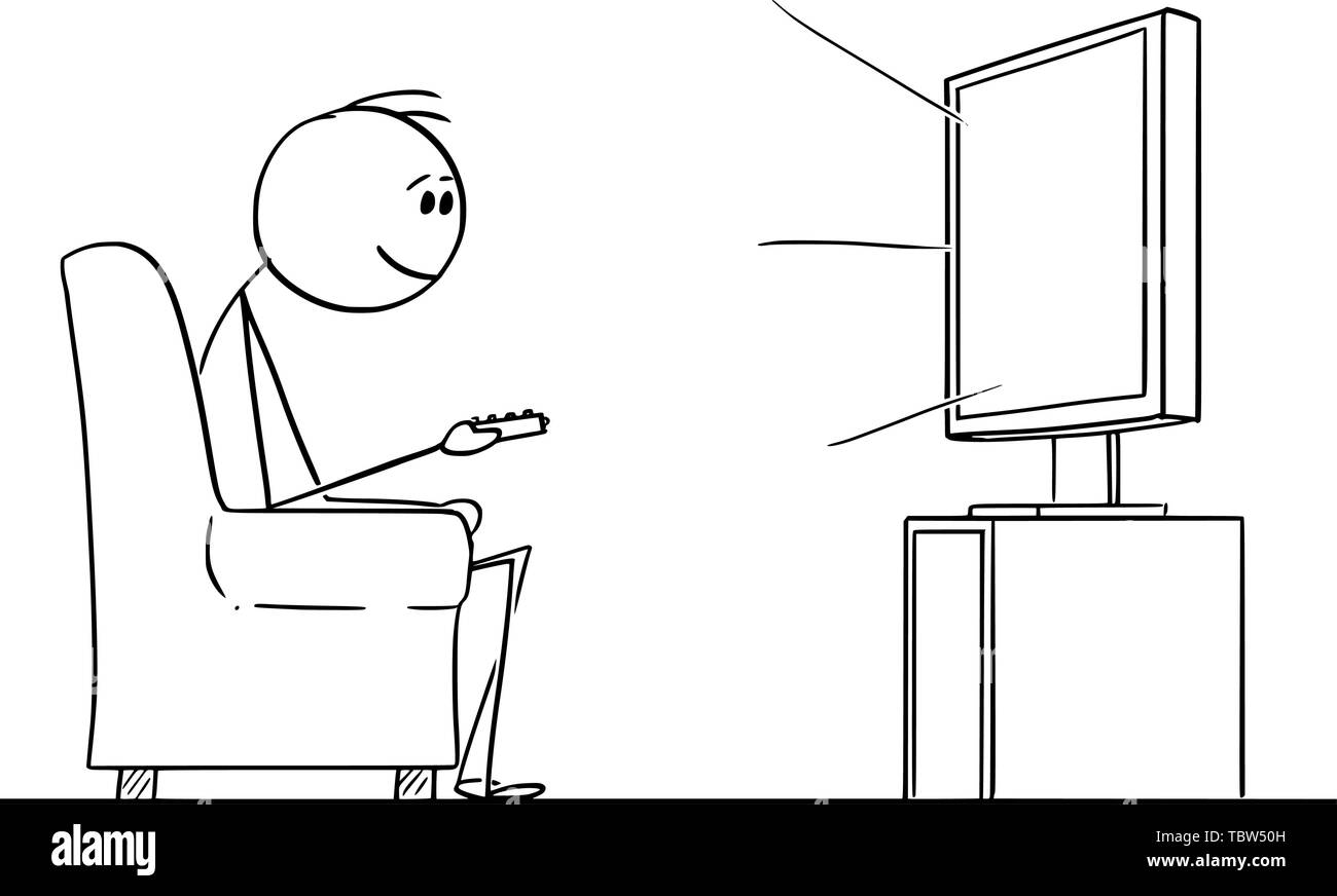 Vector cartoon stick figura disegno illustrazione concettuale di uomo seduto in poltrona e godendo la visione di intrattenimento su TV o televisione. Illustrazione Vettoriale
