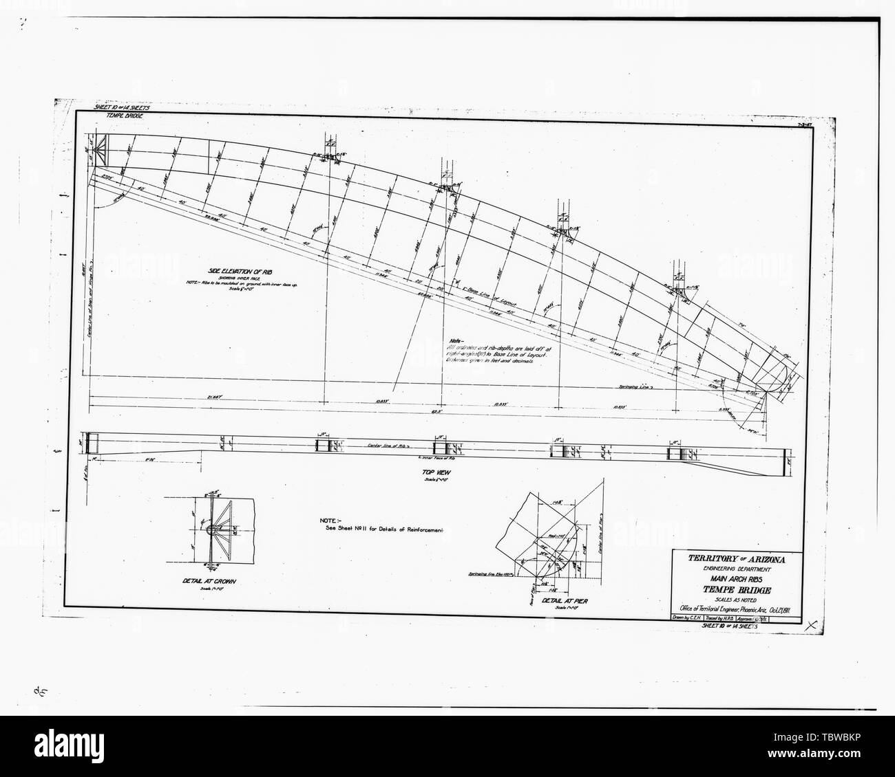 ARCO PRINCIPALE COSTOLE foglio 10 di 14 fogli datati 21 ottobre 1911 Ponte di Ash Avenue, Spanning Salt River ai piedi di Ash Avenue, Tempe, Maricopa County, AZ Foto Stock