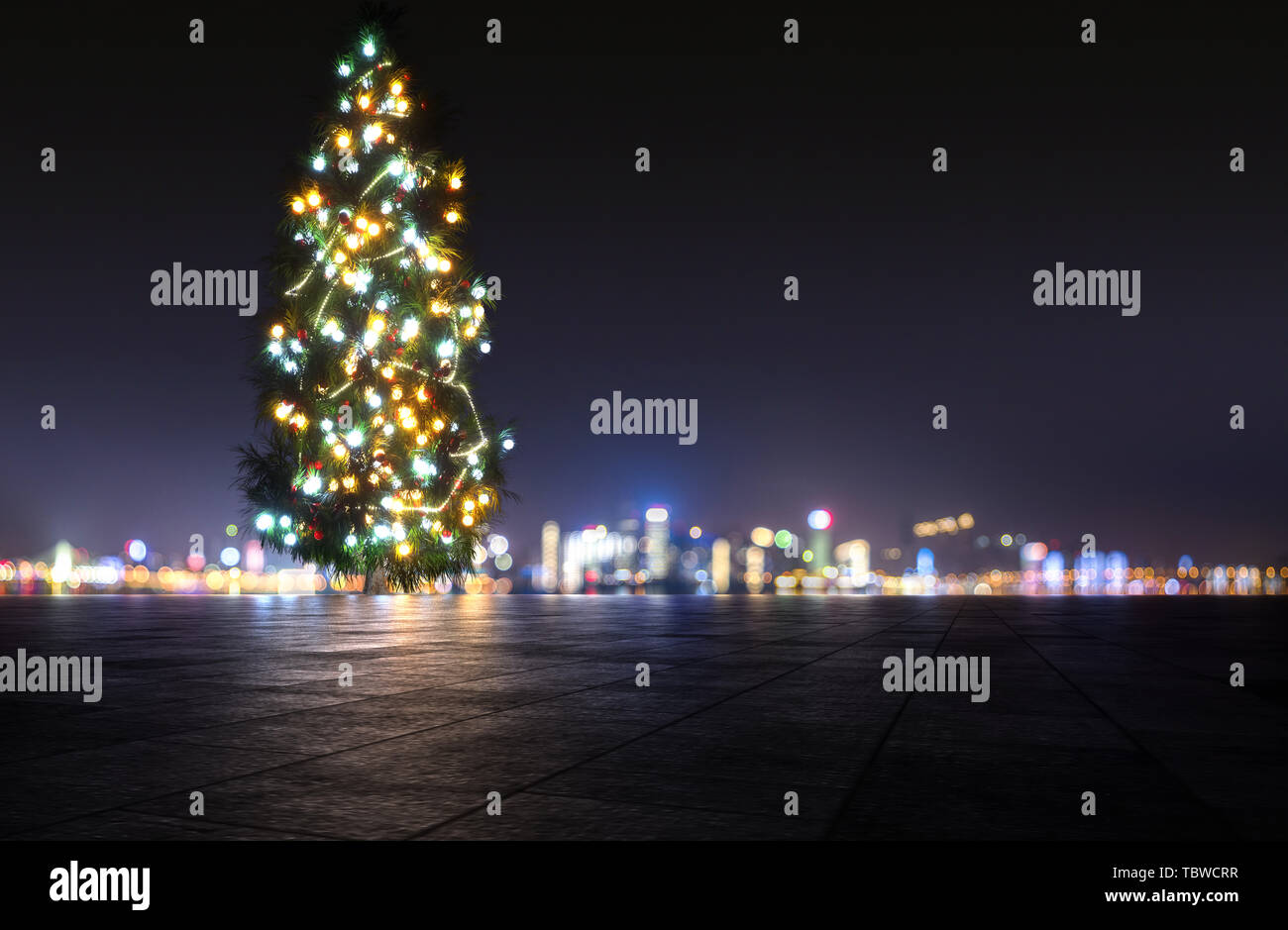Sogno di Star inferiore dello skyline della città Vista notte albero di Natale Lanterna strada piattaforma di massa Foto Stock