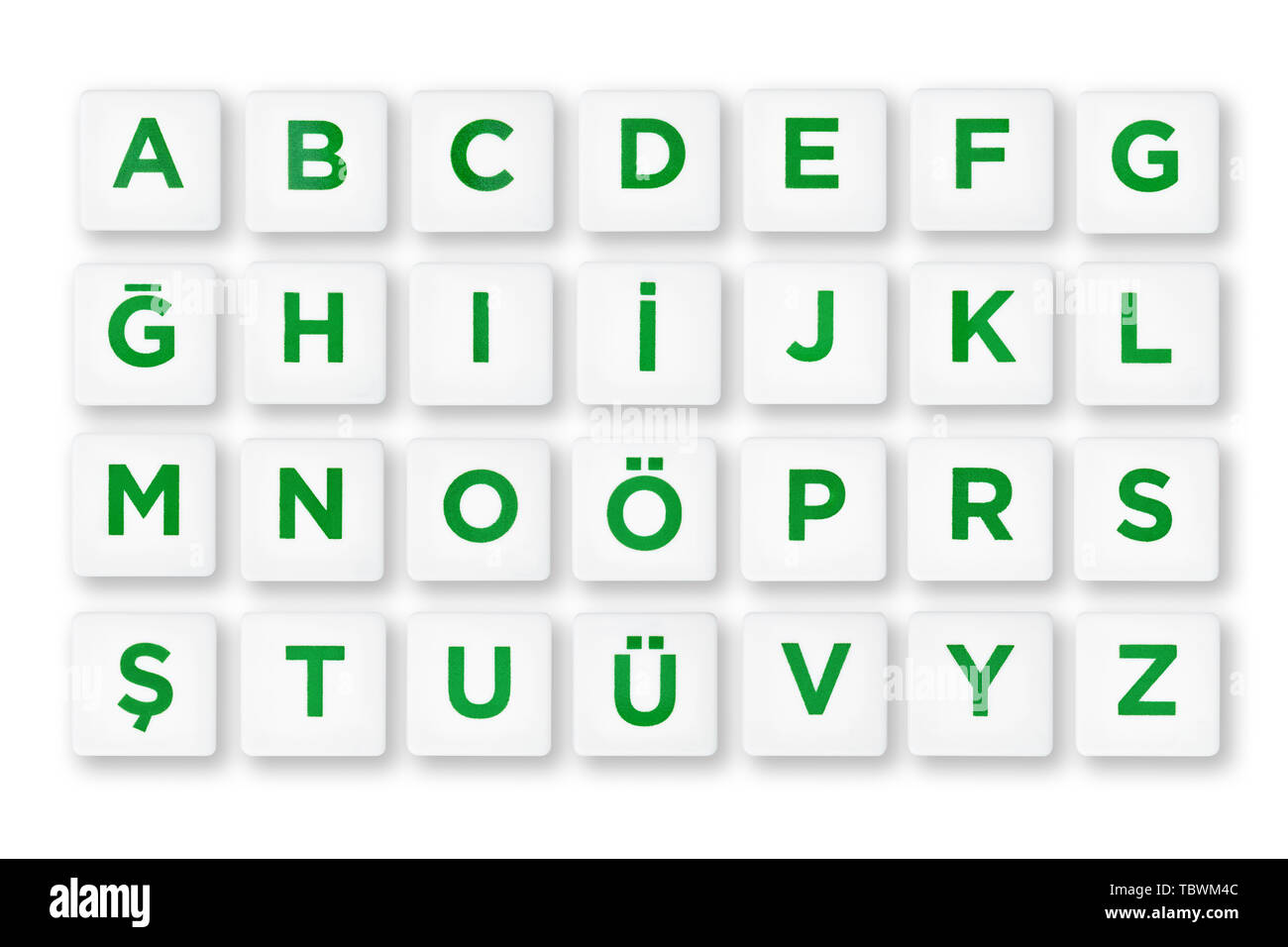 Completare alfabeto turco lettere sui tasti bianchi. Sfondo isolato Foto Stock