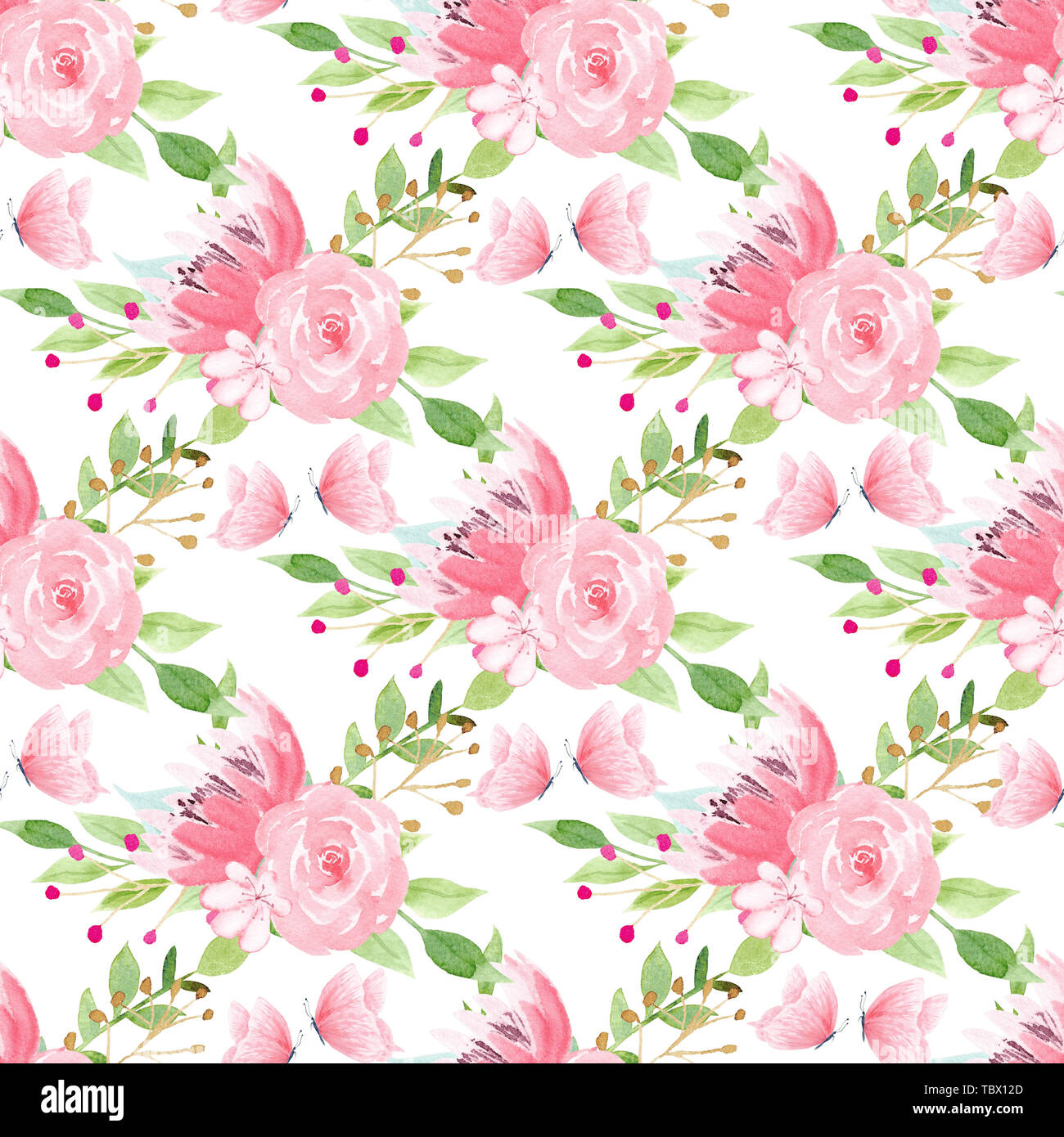 Farfalle e fioritura seamless pattern raster Foto Stock