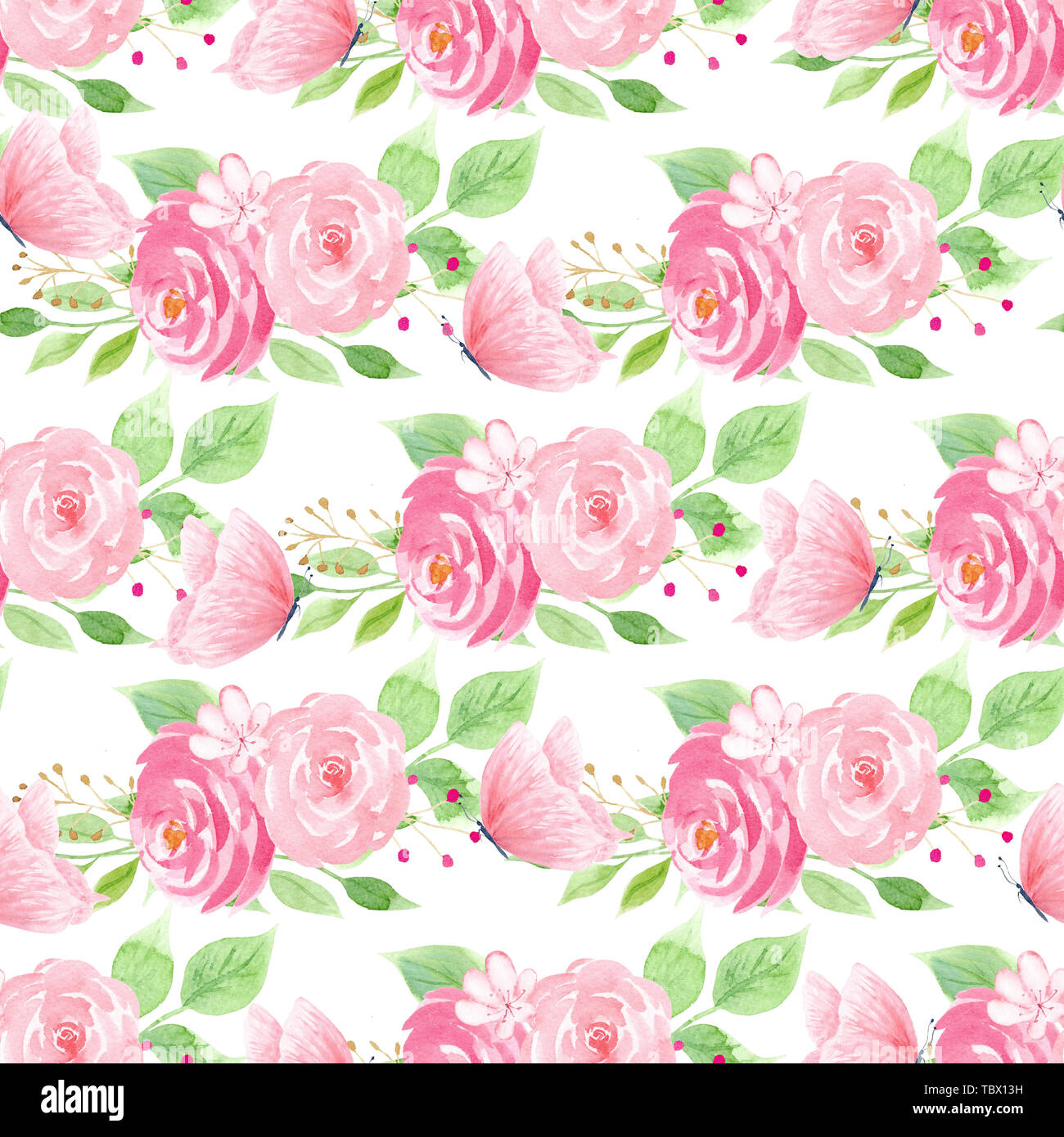 Farfalle e rose acquerello pattern senza giunture Foto Stock