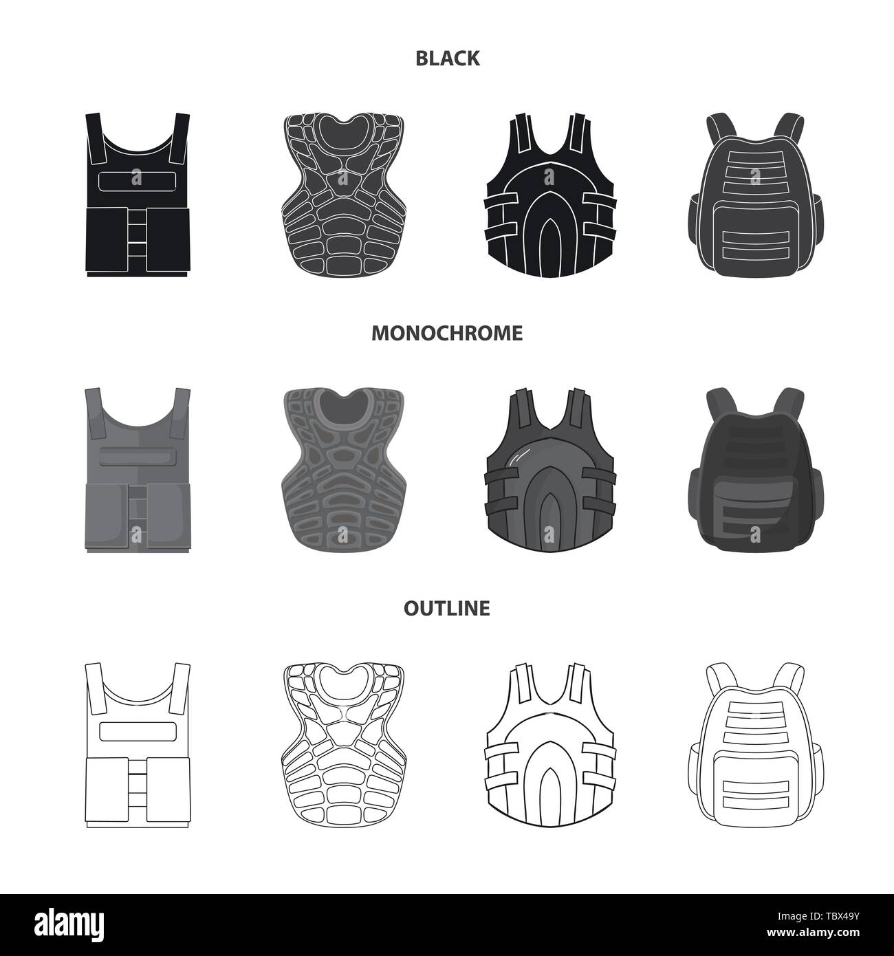 Il design del vettore di Flak Jacket e icona. Set di flak e corpo icona vettore per il magazzino. Illustrazione Vettoriale