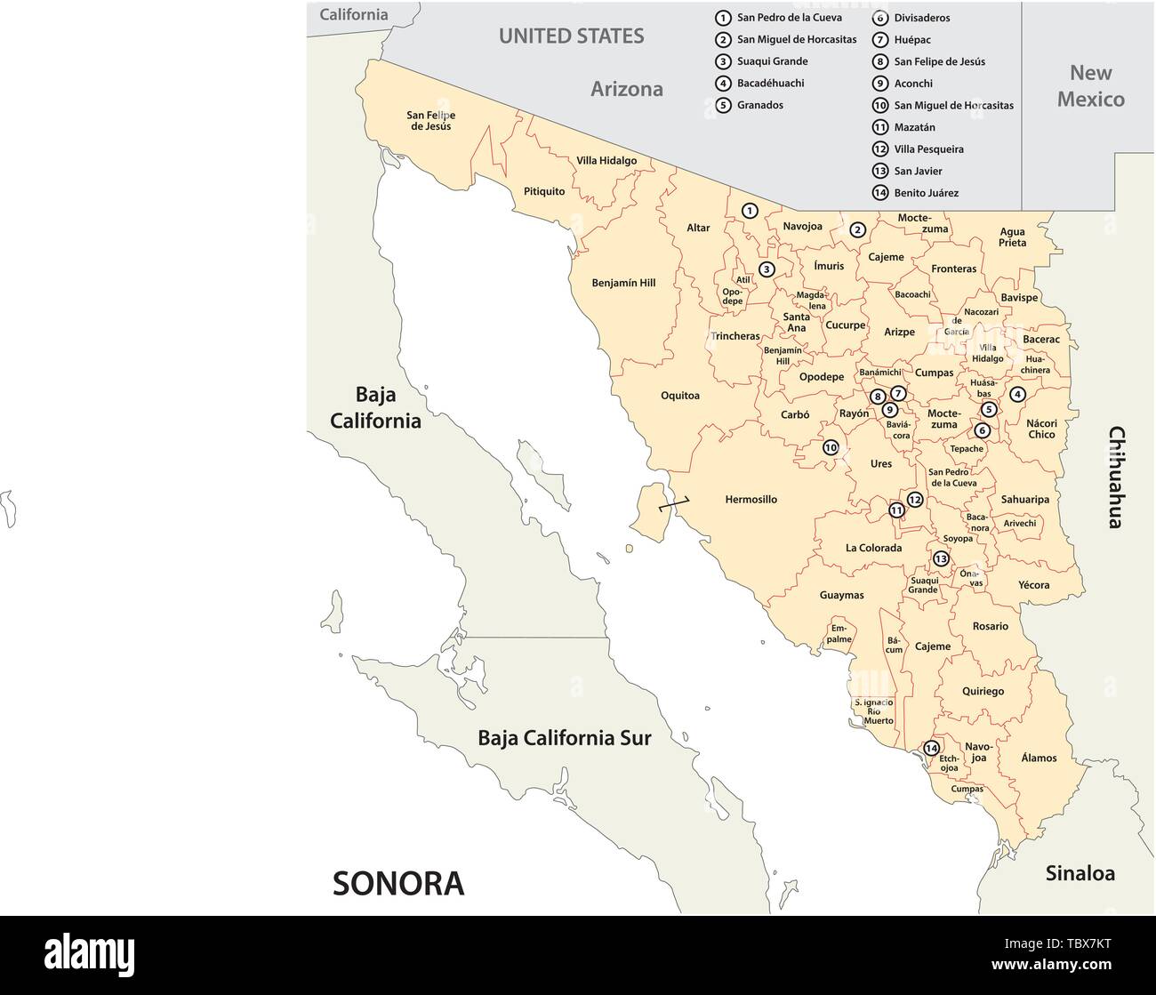 Politica e amministrativa di mappa dello stato messicano di Sonora in lingua spagnola Illustrazione Vettoriale