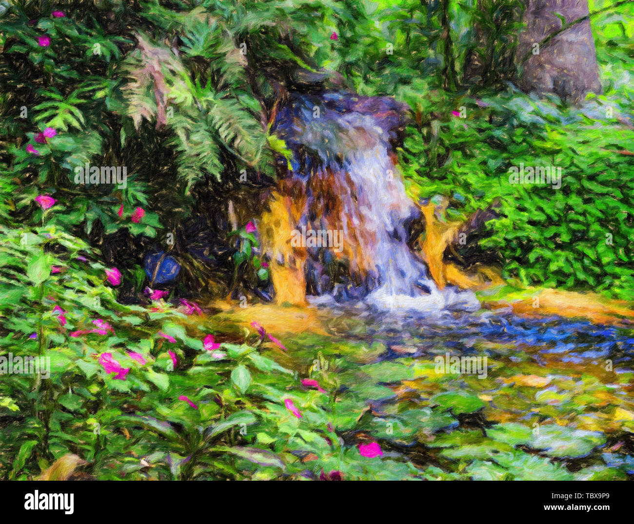 Acqua lillies, Nymphaeaceae, in tropicale lussureggiante foresta pluviale brasiliana con cascata - Claude Monet stile manipolazione digitale olio su tela impressioni Foto Stock